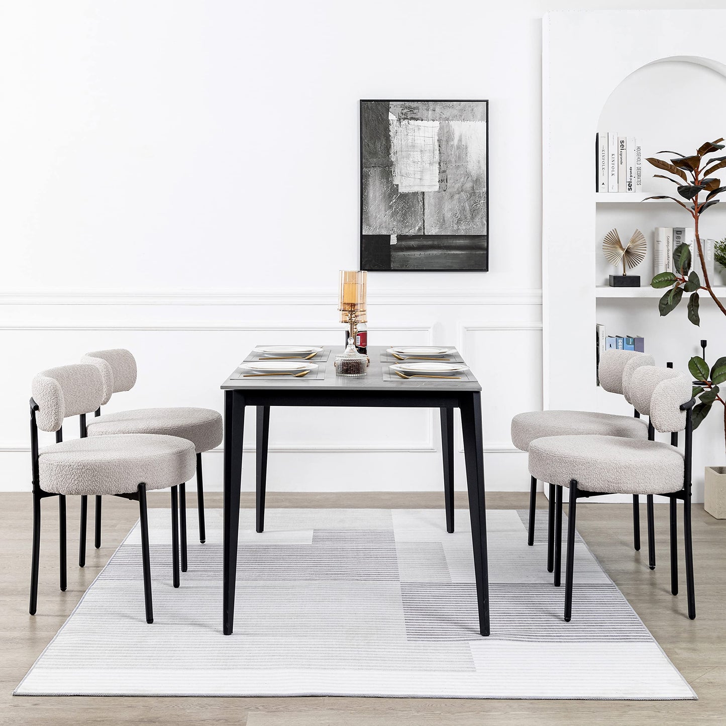DYHOME Light Grey Boucle Dining Chairs Set of 2, Mid Century Modern Upholstered Kitchen Chairs with Curved Backrest and Black Metal Legs