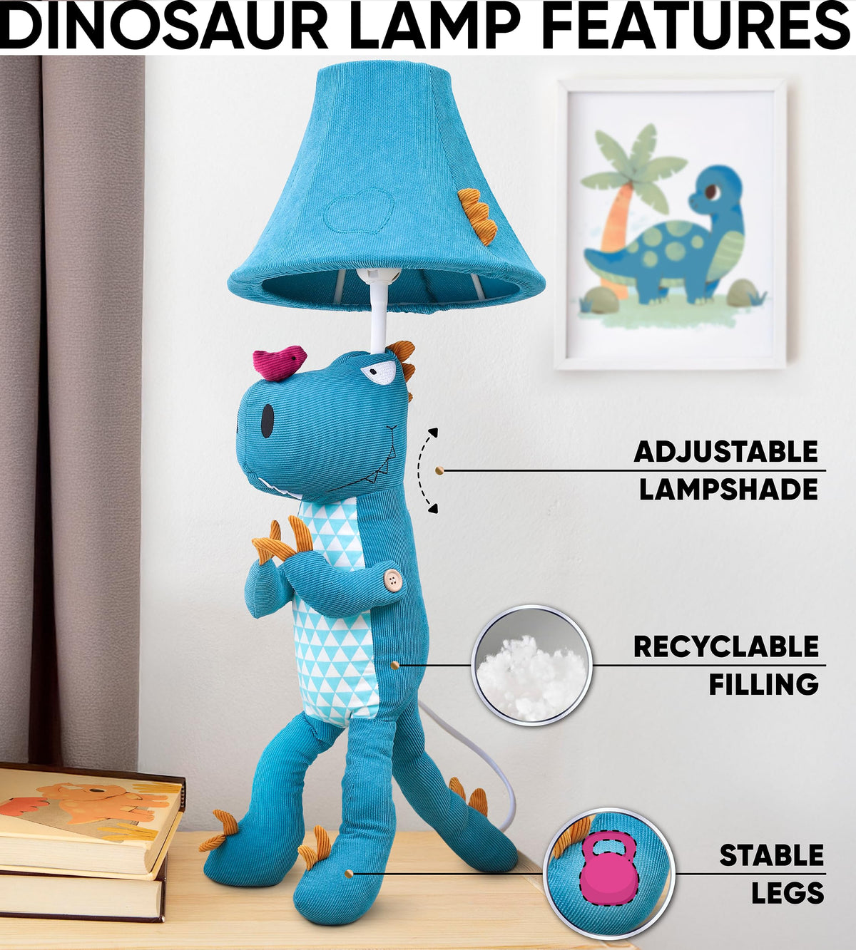 Dinosaur Kids Lamp for Boys Bedroom - 27", Boys Lamp for Kids Room - Cute Christmas Gifts, Birthday Gifts for All Ages: Toddler Girls, Children, Grandkids 3 4 5 and Up Years Old, Sister, Brother