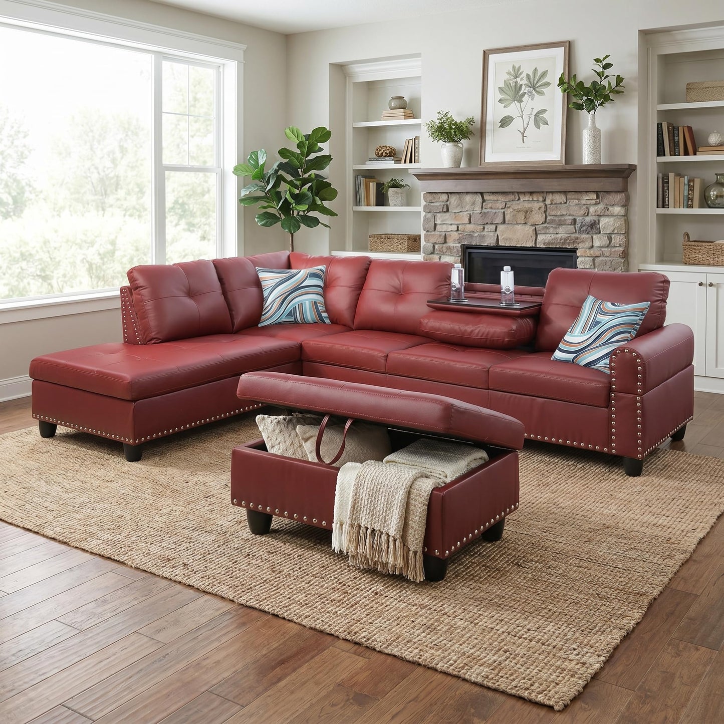 Topcomfy 97.5" Red L Shaped Couch Set Leather, Modular Sectional Couches for Living Room with Storage Ottoman, 4 Seat Home Sofa Living Room Furniture Sets with Chaise for Apartment Office