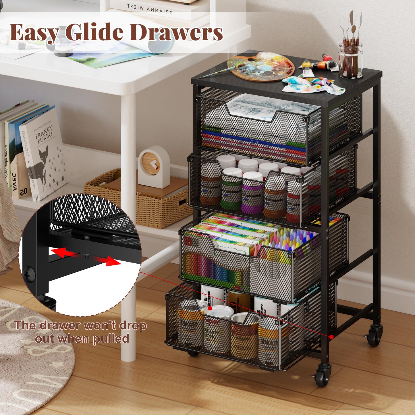 Rolling Cart with Drawers, Utility Storage Cart with Lockable Wheels, Metal snack cart, Under Desk Storage for Office, Kitchen, Craft, and Art Supplies, Black