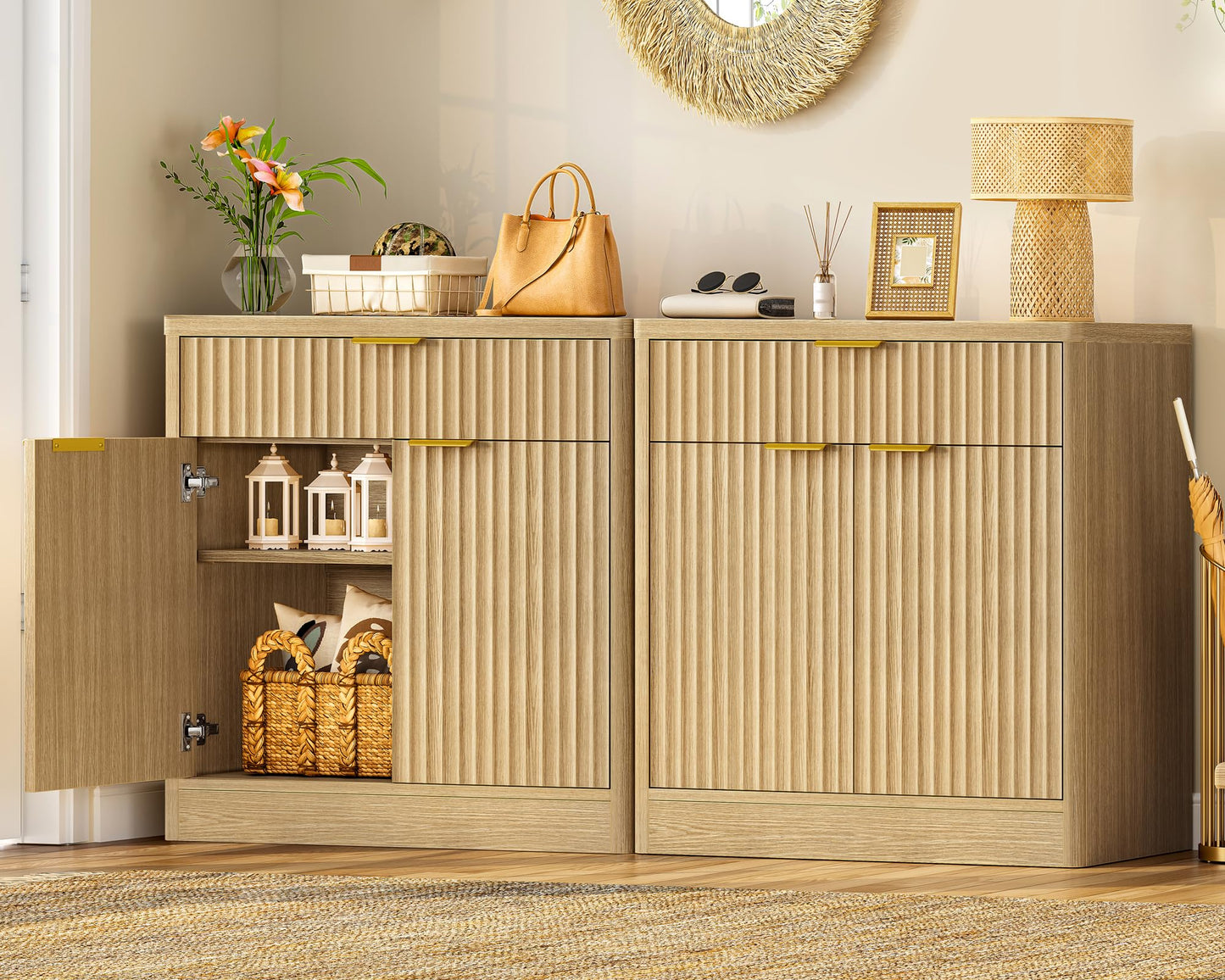 TEENFON 31.5" W Storage Cabinet with Drawer and Adjustable Shelf, Coffee Bar Cabinet, Fluted Sideboard Buffet Cabinet with 2 Doors for Living Room, Kitchen, Entryway, Natural