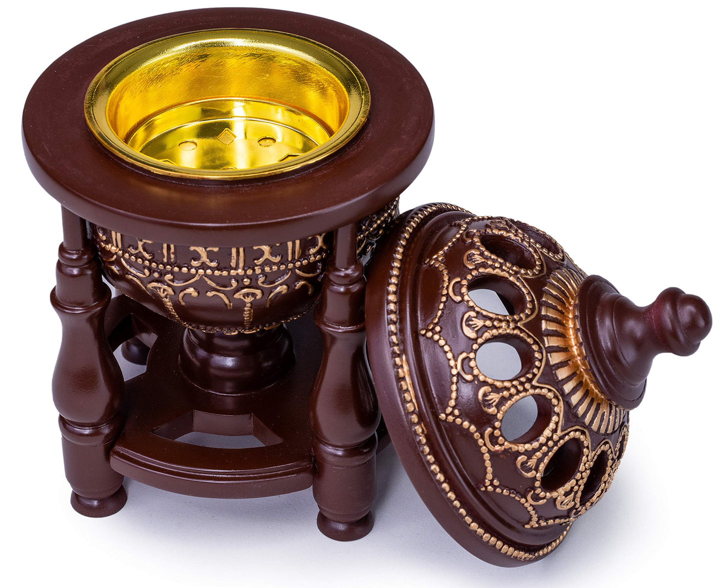 AM Charcoal Incense Burner - Bakhoor Burner, Oud Frankincense Resin Burner for Office & Home Decor, Lavish 4 Pillar Bukhoor Burners, Elegant Brown Design for Luxury Aroma Experience (Brown)