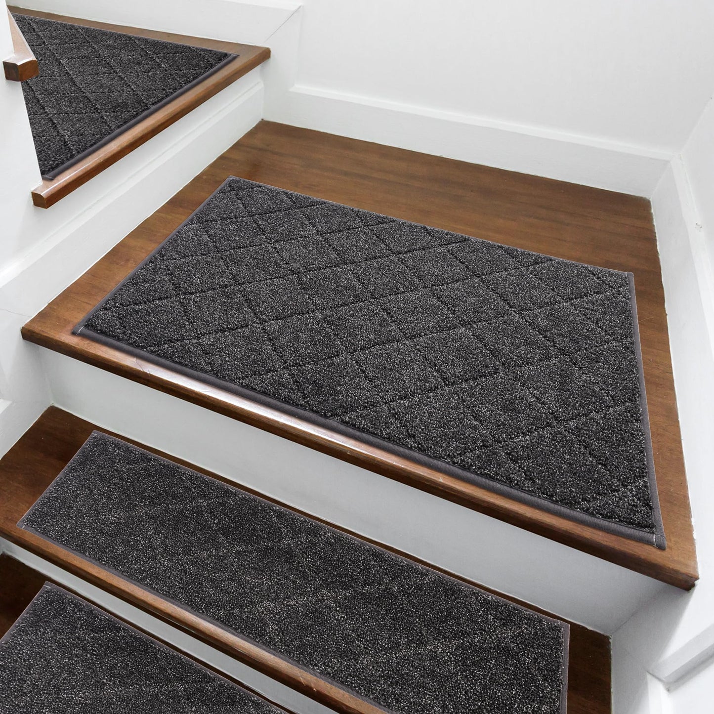 COSY HOMEER Edging Stair Treads Non-Slip Corner Indoor Stair Runners for Wooden Steps,Landing Slip Resistant Stair Rugs for Kids and Dogs, 100% Polyester TPE Backing,Black,20"X32"