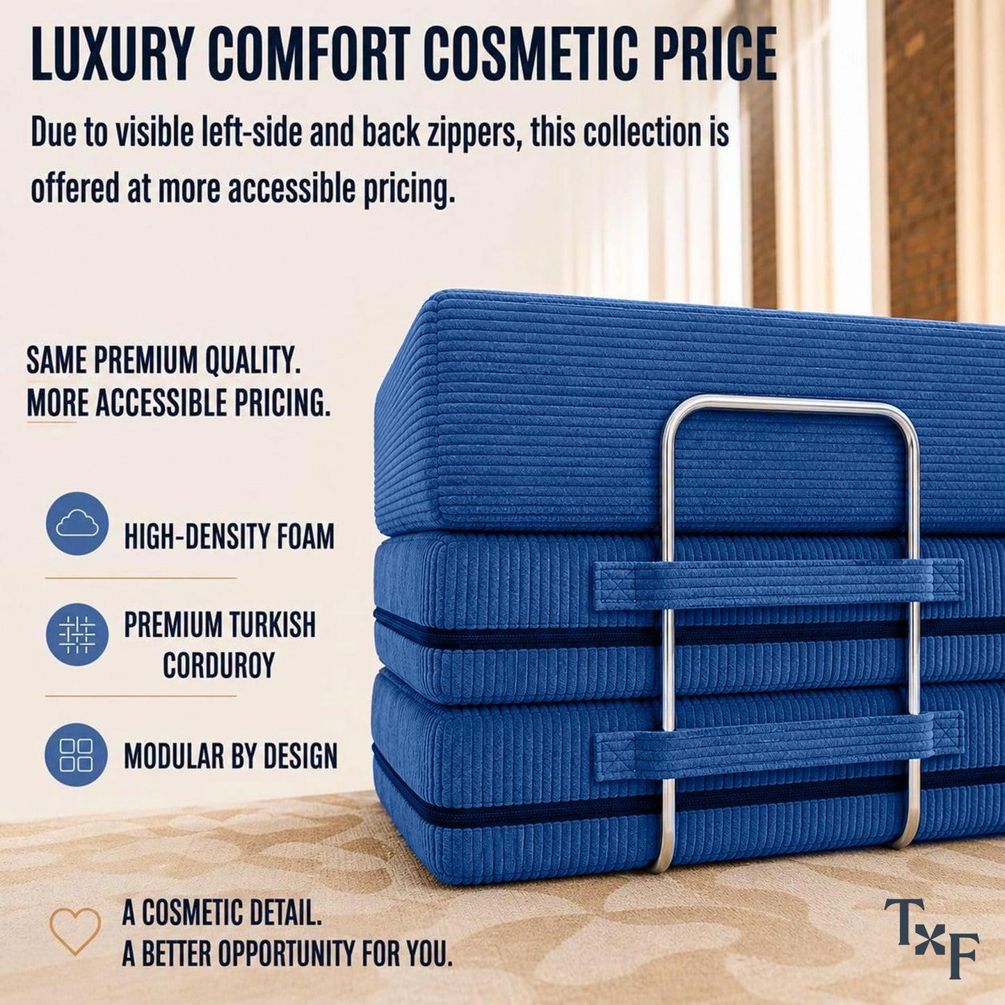 TUFT & FINCH Bali Blue Boneless Couch Sofa Bed - 82" Modular Corduroy Convertible Sleeper Sofa for Living Room – 3 Seater Folding Couch Bed, Pet-Friendly Removable Washable Covers - CertiPUR-US Foam