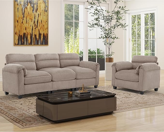 HAOMARKETS Corduroy Sofa Set, Upholstered Armchair and 3-Seater Couch