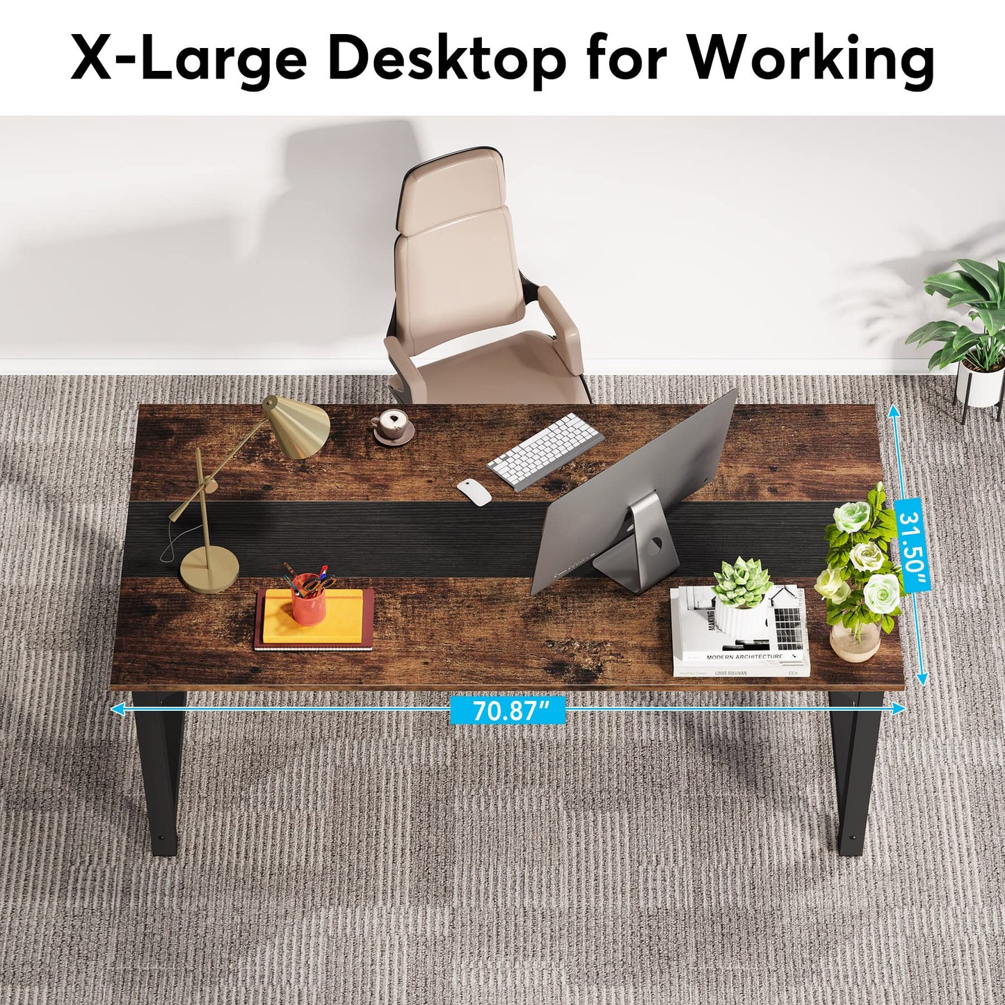 LITTLE TREE 70.8 Inch Large Executive Office Desk, Simple Computer Workstation with 31.5 inch Wide Desktop for Home Office