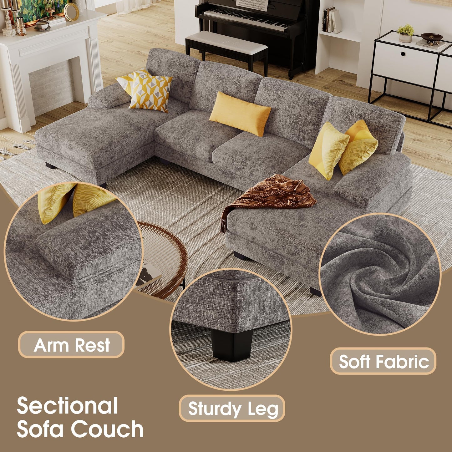BYAZET Sectional Couches for Living Room, U-Shaped Sofa Couch with Linen Fabric, 4 Seat Sofa Set with Double Chaise for Apartment (Fabric, Grey)