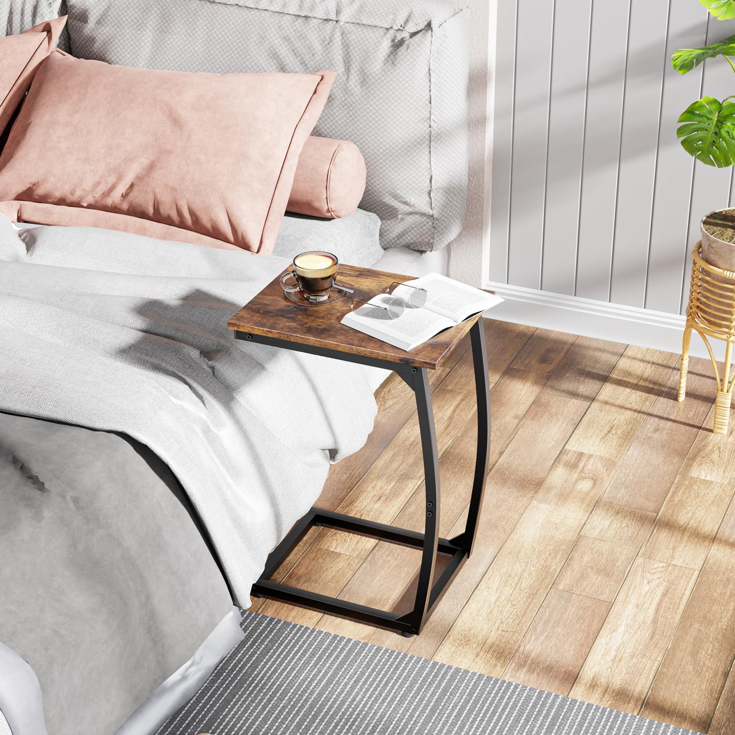 LAKEMID C-Shaped End-Table Set of 2 - Side Table for Couch,Curved Support Legs, Slide Under Couch Table for Sofa, TV Tray Table for Living Room Bedroom (Rustic Brown)