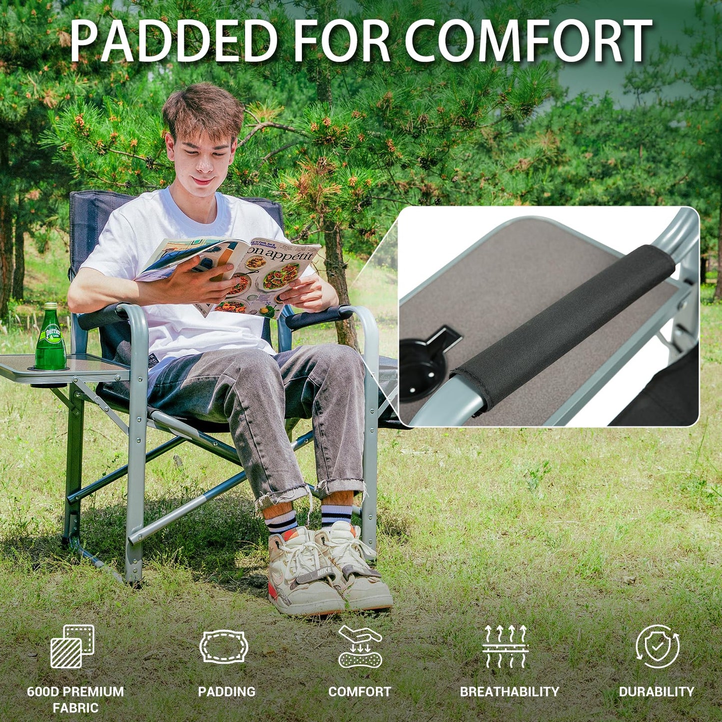 KingCamp XXL Oversized Directors Chair with Side Table, Folding Camping Chairs Heavy Duty 600lbs with Cooler Bag, Portable Camp Chair with Wide Seat for Hiking Fishing Lawn Outdoor and Sports