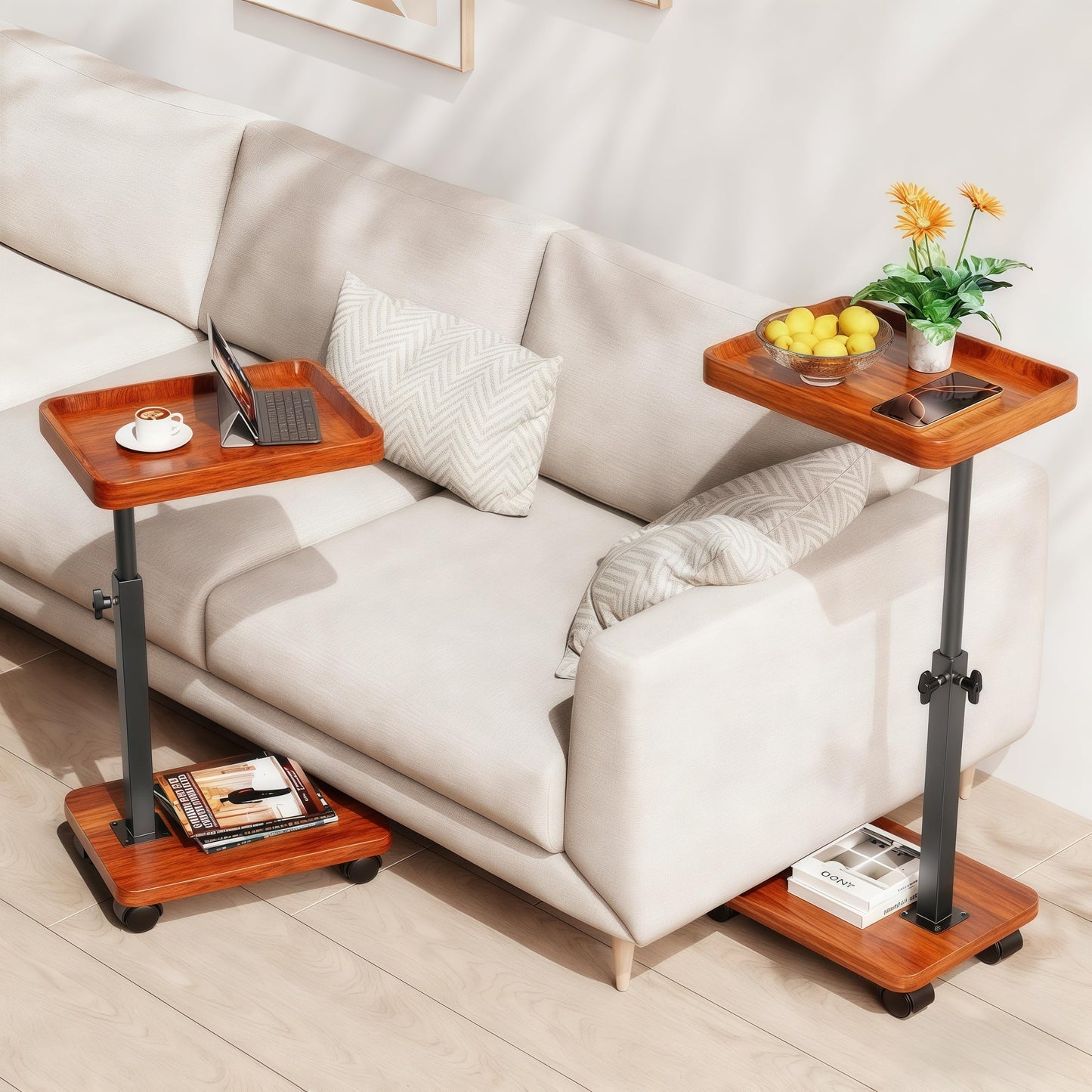 SJIE C Table End Table Adjustable Height, 360°Swivel TV Tray Table for Small Spaces, Side Tables with Wheels for Living Room and Bedroom, Bed (Yellow)