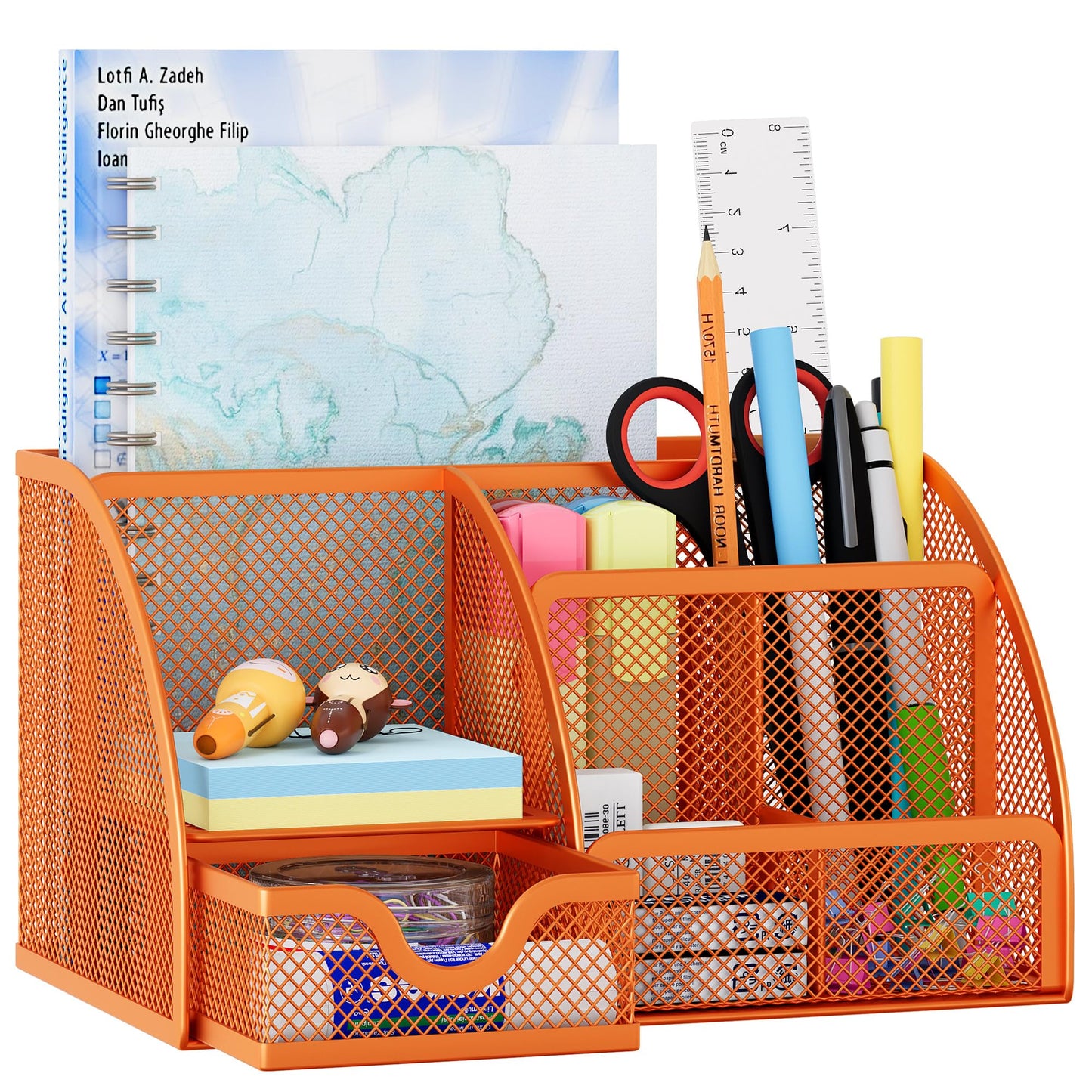 EasyPAG Mesh Desk Organizer with Drawer Multi-functional Pen Holder Stationery Organizer for Office School Supplies 6 Compartments Dorm Organizers and Storage for Desk, Orange