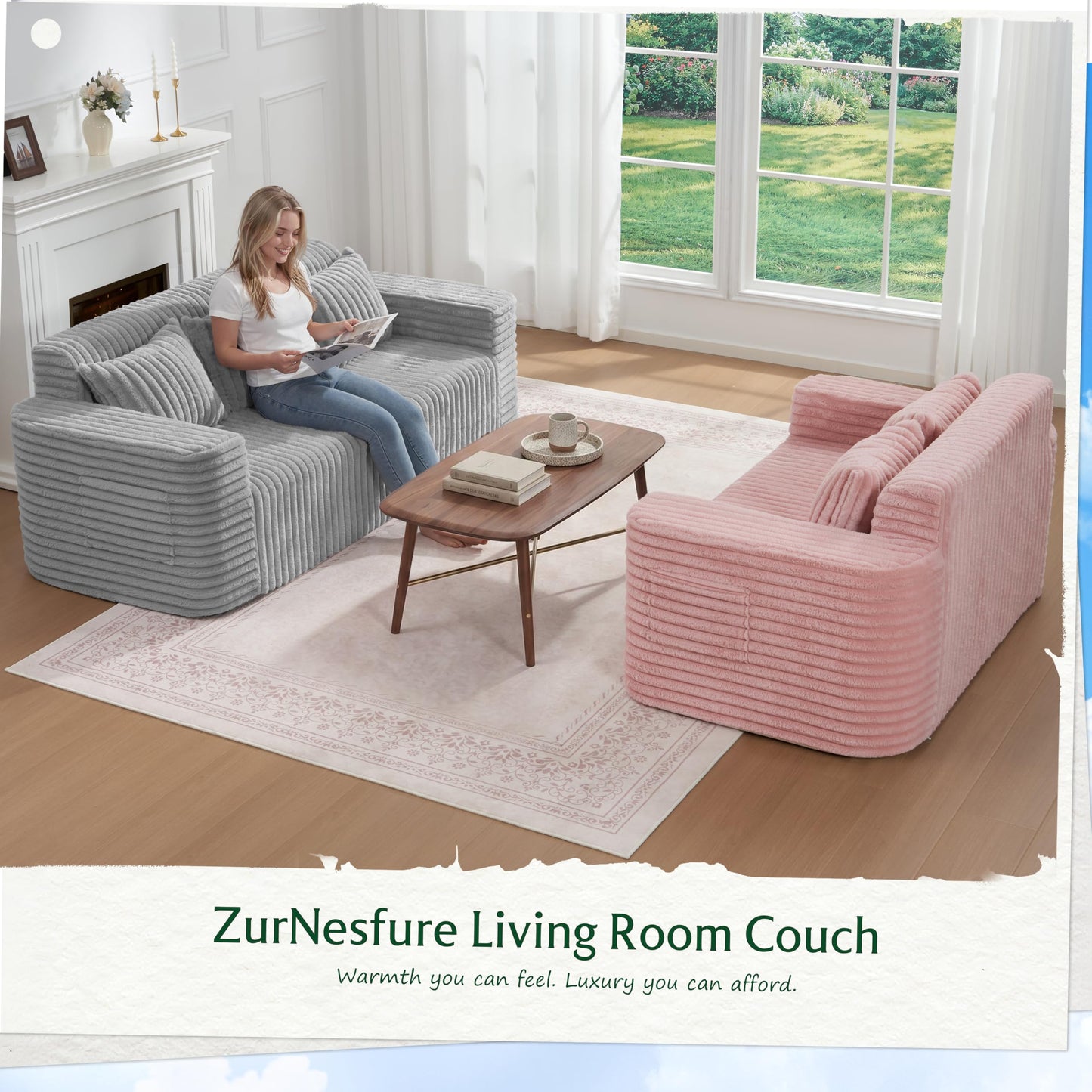ZurNesfure Sofa Couch Cloud Loveseat, Memory Foam Couch with Pillow No Assembly Need, Modern Couch with deep seat and Washable Cover Boneless Sofas for Living Room Bedroom Apartment (Pink,Loveseat)