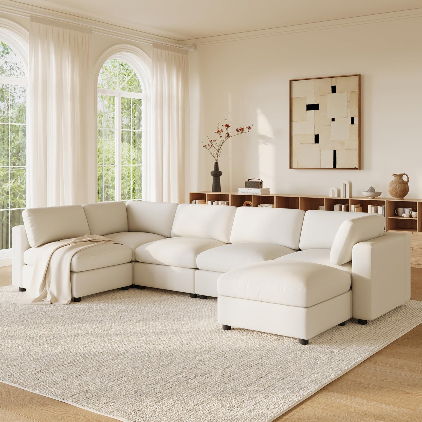 129-Inch U Shaped Sectional Cloud Couches with Movable Ottoman, Oversized Chenille Upholstered 6 Seat Modular Sofa Convertible Sleeper Couch for Living Room Office