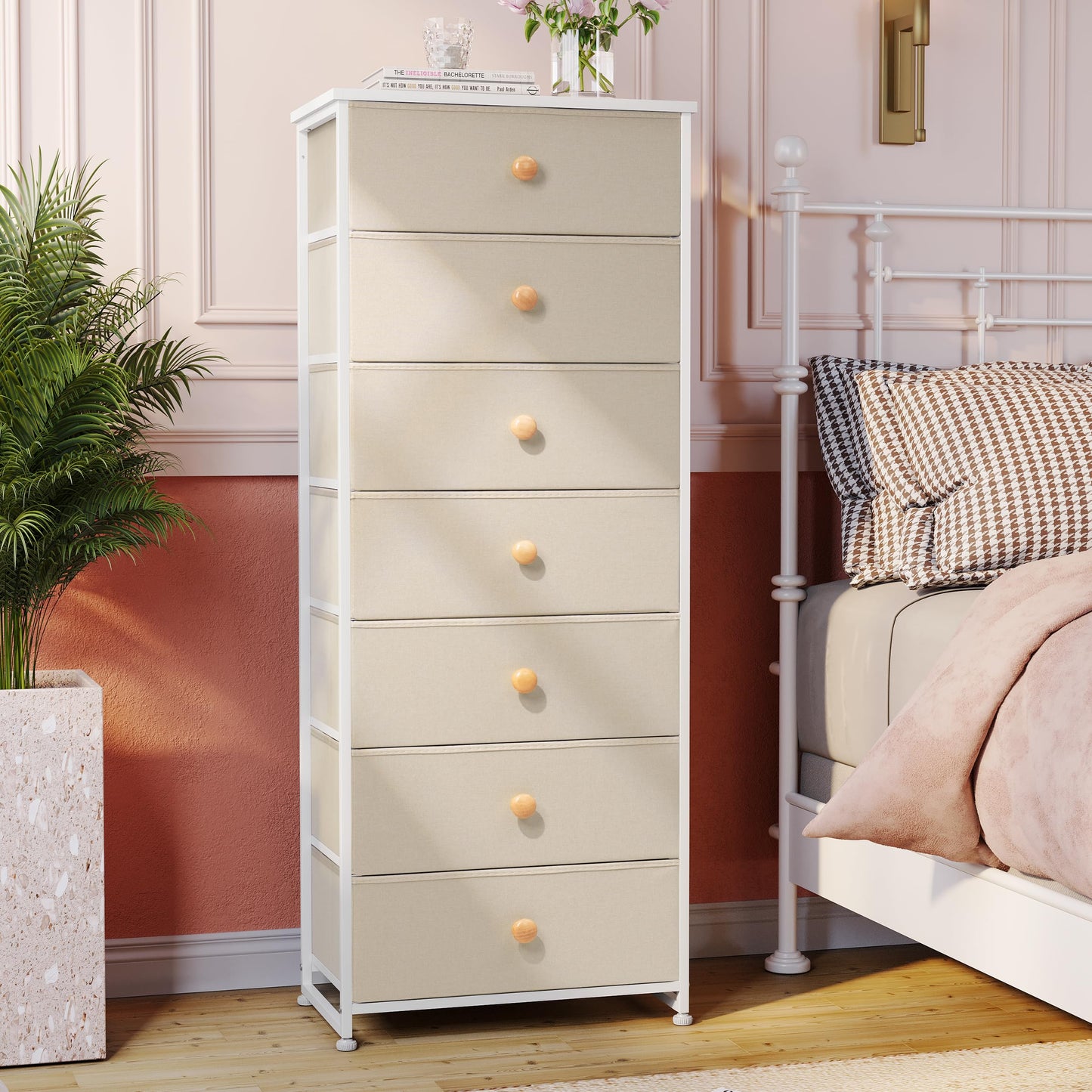 Crestlive Products Tall Dresser, 7-Drawer Fabric Storage Tower, Chests of Drawers - Vertical Organizer Unit for Bedroom, Hallway, Entryway, Nursery, Closets - Steel Frame, Wood Top & Handles (Beige)