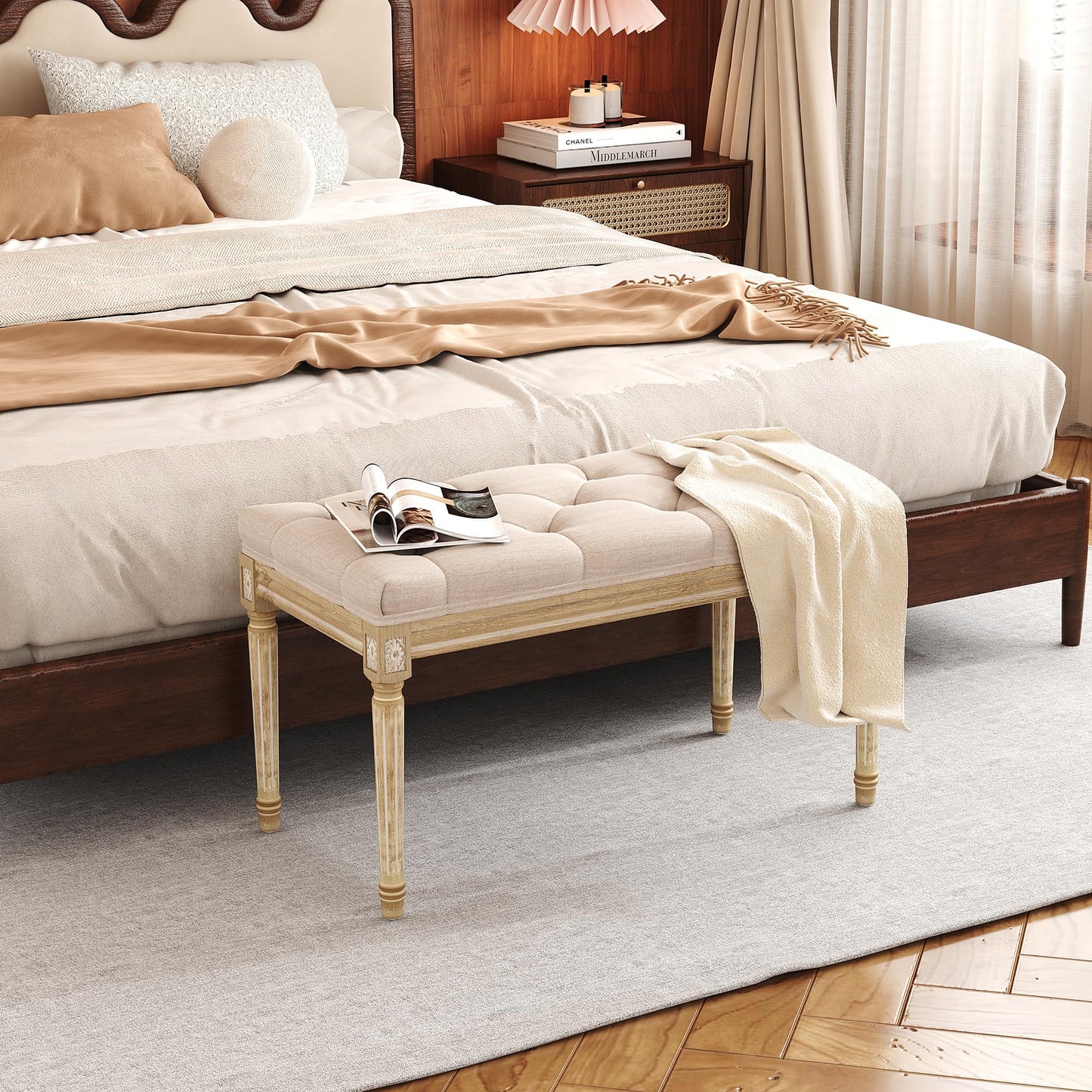 Yusong Upholstered Bench, Bedroom Bench for End of Bed, Piano Bench with Button Tufted Padded Seat for Living Room, Dining, Entryway, Shoe, Vanity Foot-Stool with Carved Wood Legs, Beige