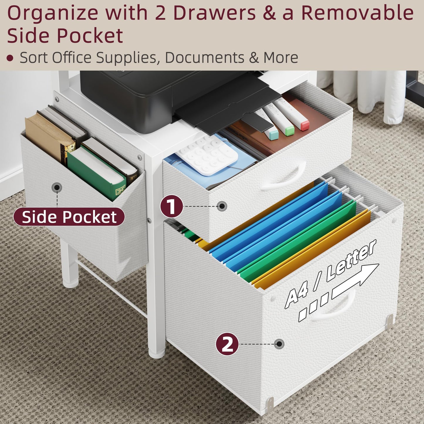 HIGDBFE File Cabinet with 2-Tier Shelf, Letter Size Drawer Filing Cabinet with Reversible Side Bag, Vertical Office Cabinet Printer Stand with Storage for Home Office, White, 16.5" W