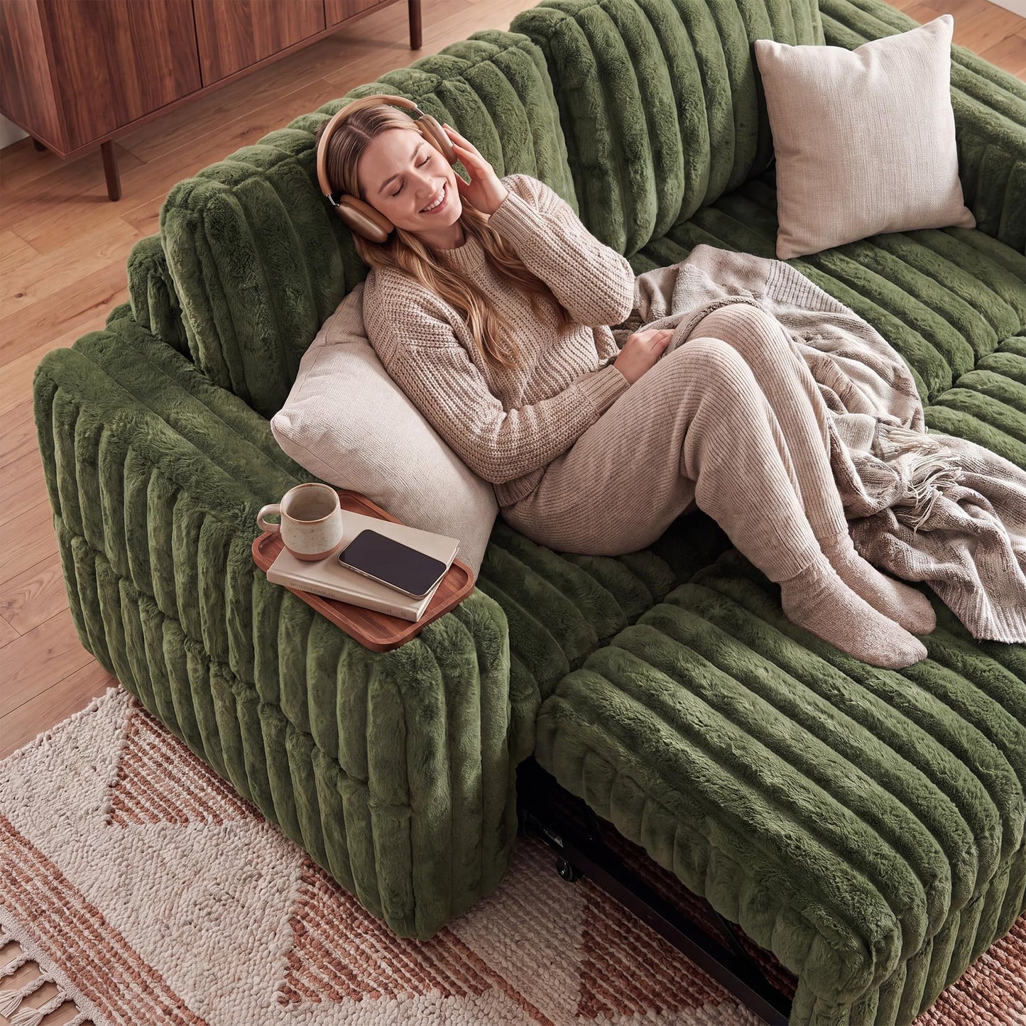 HONBAY Plush Corduroy Loveseat Sleeper Sofa,Modular Pull Out Sofa Bed,Couches for Living Room,Plush Green
