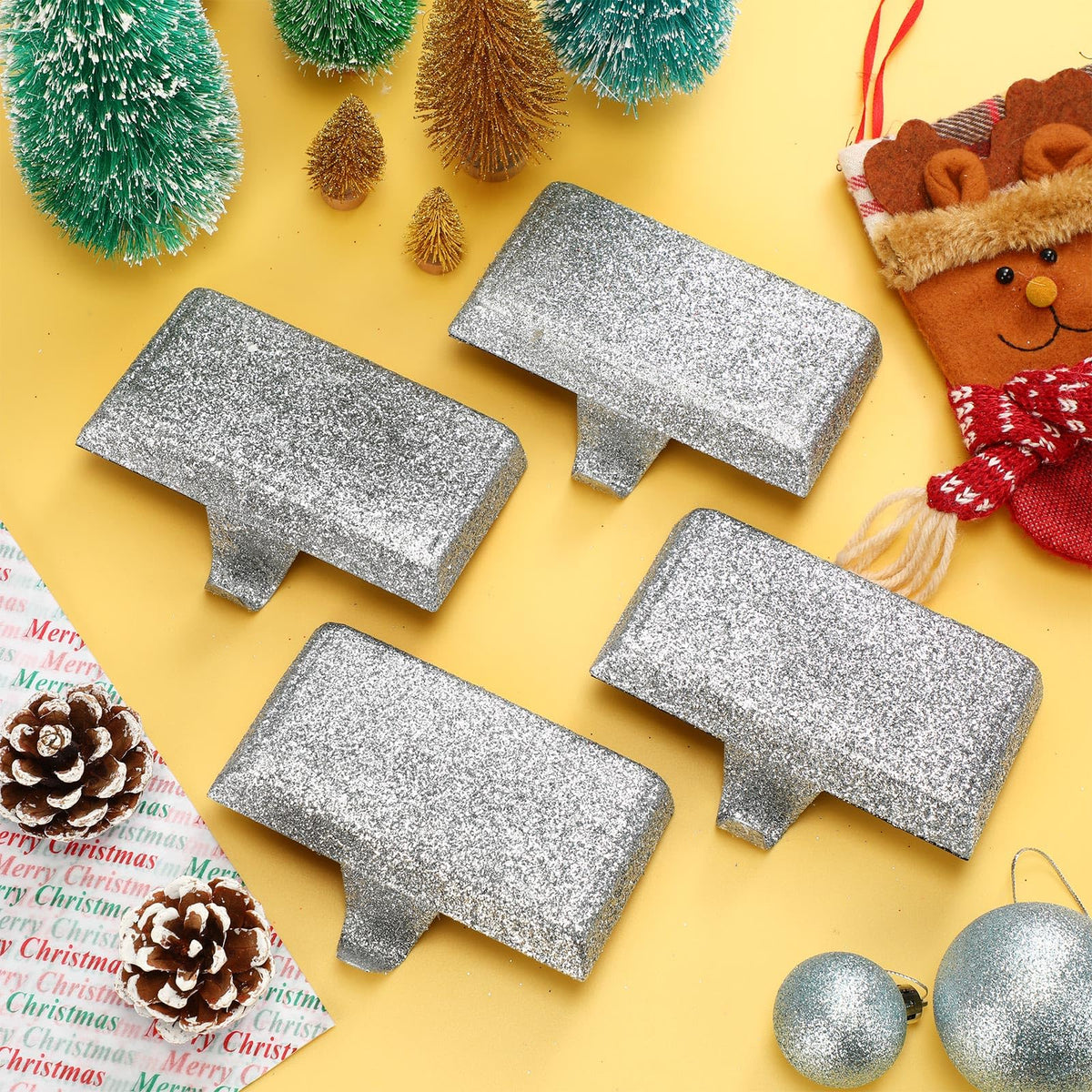 Huwena 6 Pcs Metal Christmas Stocking Holders Shiny Mantle Heavy Duty Stocking Hangers Glitter Hanging Hooks Christmas Ornaments for Fireplace, Silver