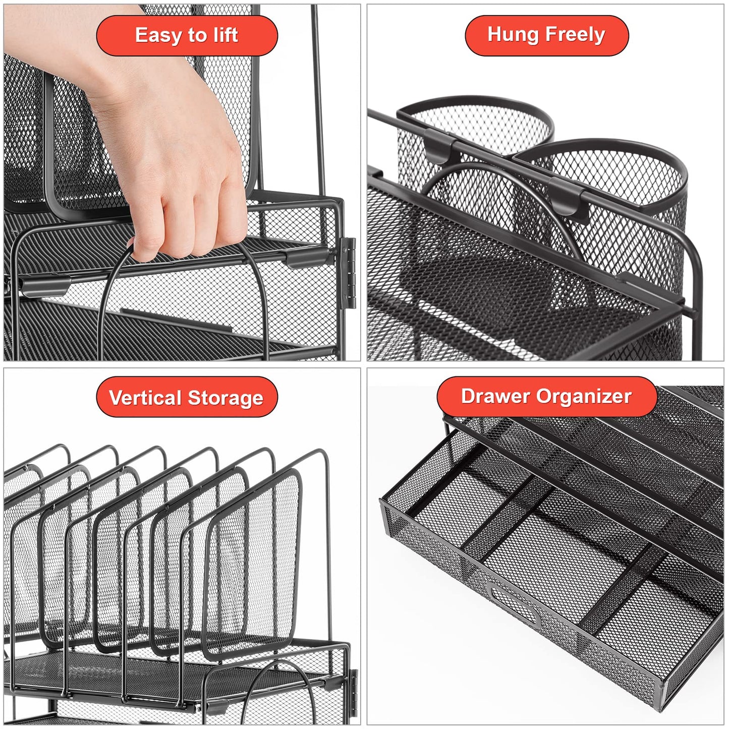 Marbrasse Desk organizer with Drawer, 4-Tier Mesh File Organizer with 5 Vertical File Holders and 2 Pen Holders, Multifunction Desktop Organizer,Desk Organizers and Accessories for Home Office