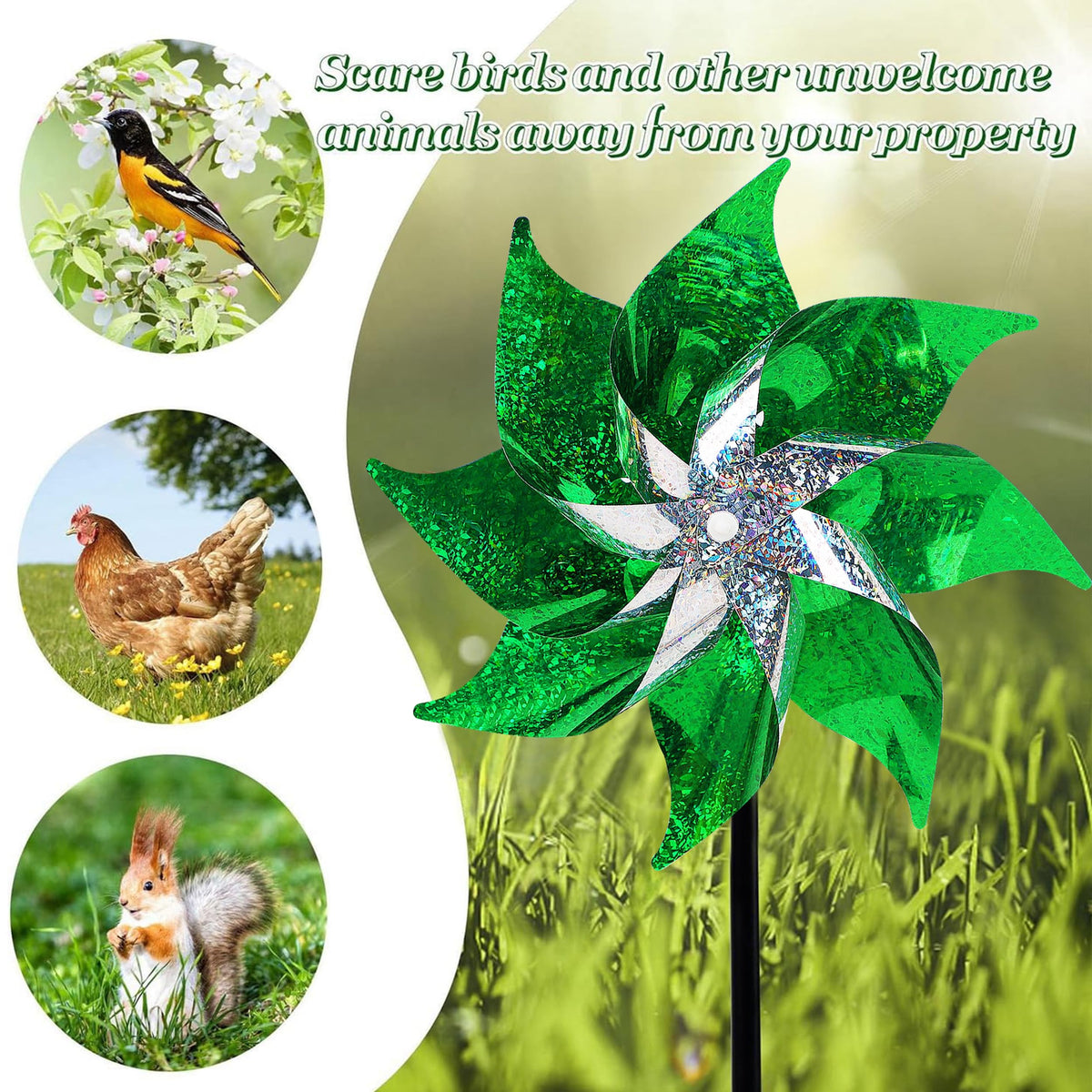 Hausse 10 Pack Reflective Pinwheels Holiday Decor (Assembly Required), Sparkly Wind Sculptures for St. Patrick's Day Decorations Party Supplies, Scare Birds Away from Garden Yard Patio Farm, Green
