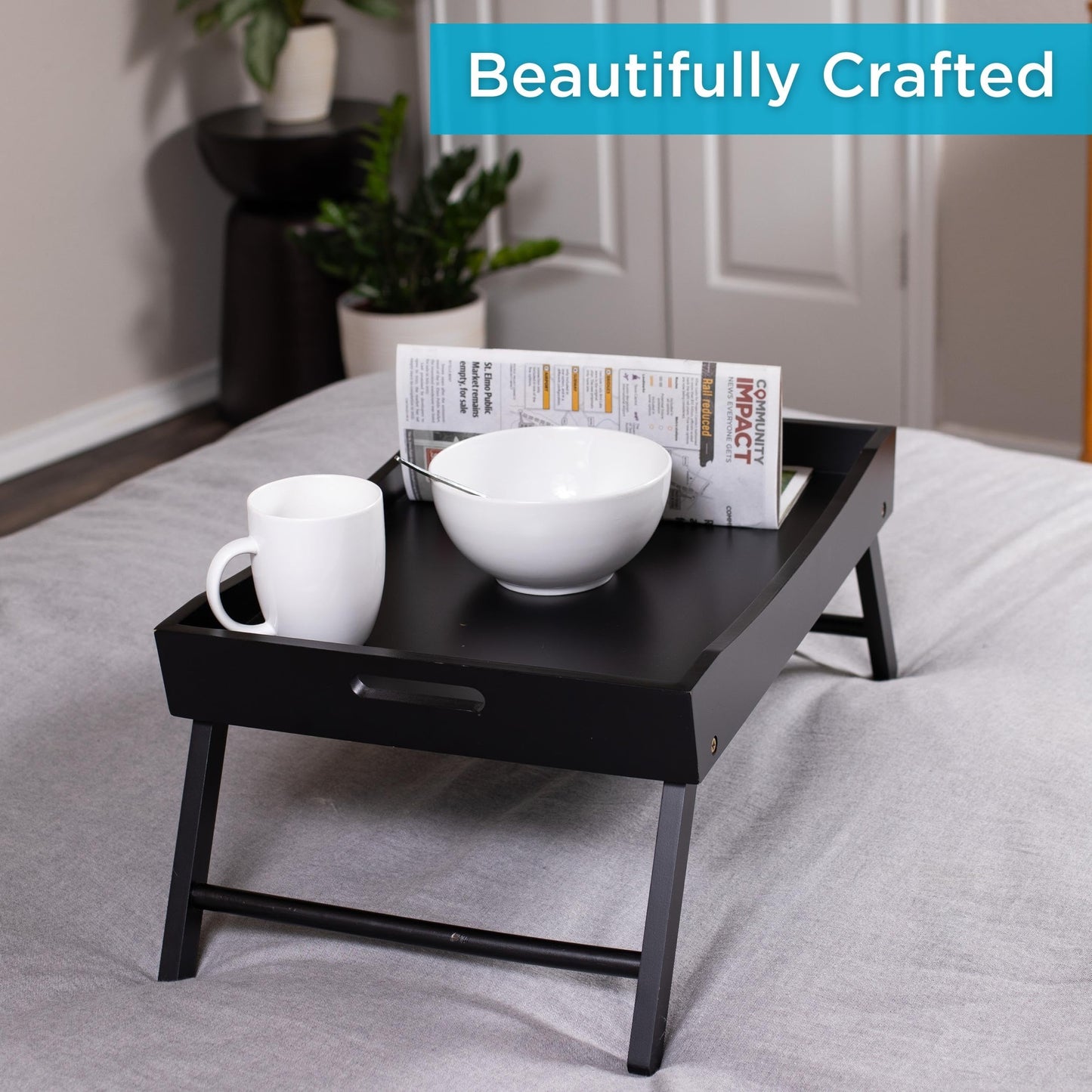 BIRDROCK HOME Wood Bed Tray for Eating, Folding Lap Desk with Handles, Black