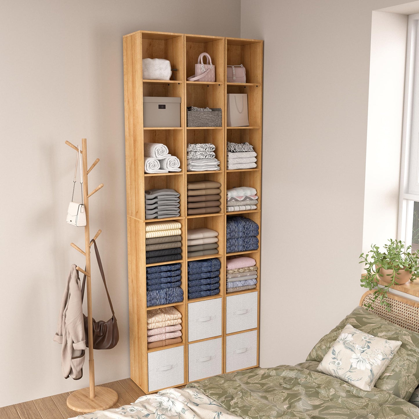 NewBeth 8-Cube Storage Organizer Bookcase, Oak Tall Narrow Bookshelf, Freestanding Open Cubby Storage Shelf, Display Cabinet for Living Room Bedroom Home Office