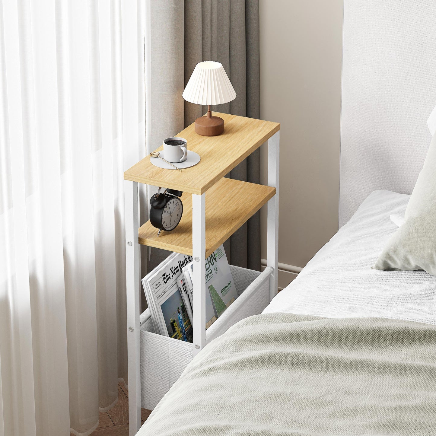 IRCPEN Narrow Side Table, Slim End Table with Magazine Rack, Skinny Bedside Table for Small Spaces, 3 Tier Sofa Couch Table Nightstand for Living Room, Bedroom, Natural LET503Y