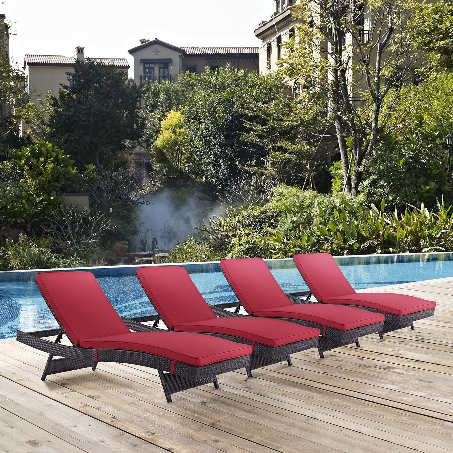 Modway Convene Wicker Rattan Outdoor Patio Chaise Lounge Chairs in Espresso Red - Set of 4
