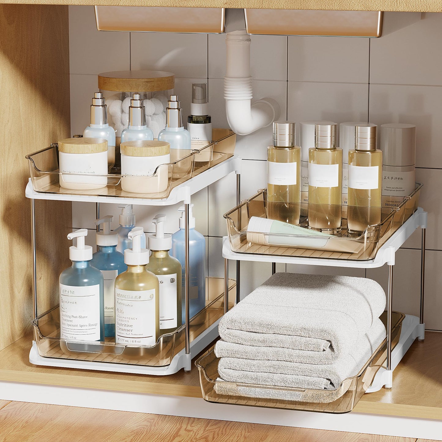 Delamu 2-Tier Multi-Purpose Bathroom Under Sink Organizers and Storage, Stackable Kitchen Pantry Organization, Pull Out Medicine Cabinet Organizer with Movable Dividers, Amber, 2 Pack