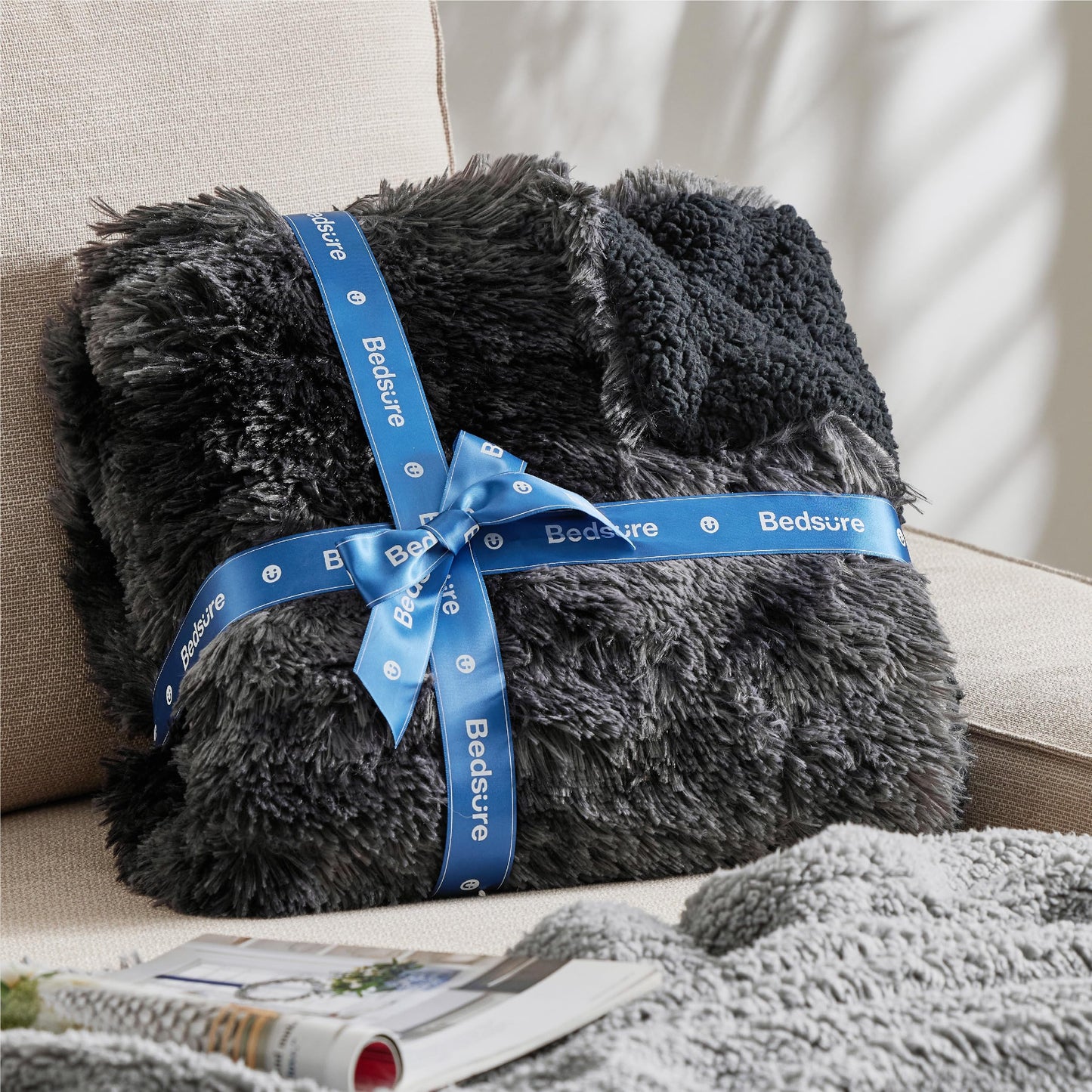 Bedsure GentleSoft Fluffy Tie Dye Black Blankets Queen Size for Bed, Thick Sherpa Faux Fur Fleece Fuzzy Plush Winter Warm Soft Queen Blankets, Black Bedroom Decor Cozy Gifts for Women Men, 90x90