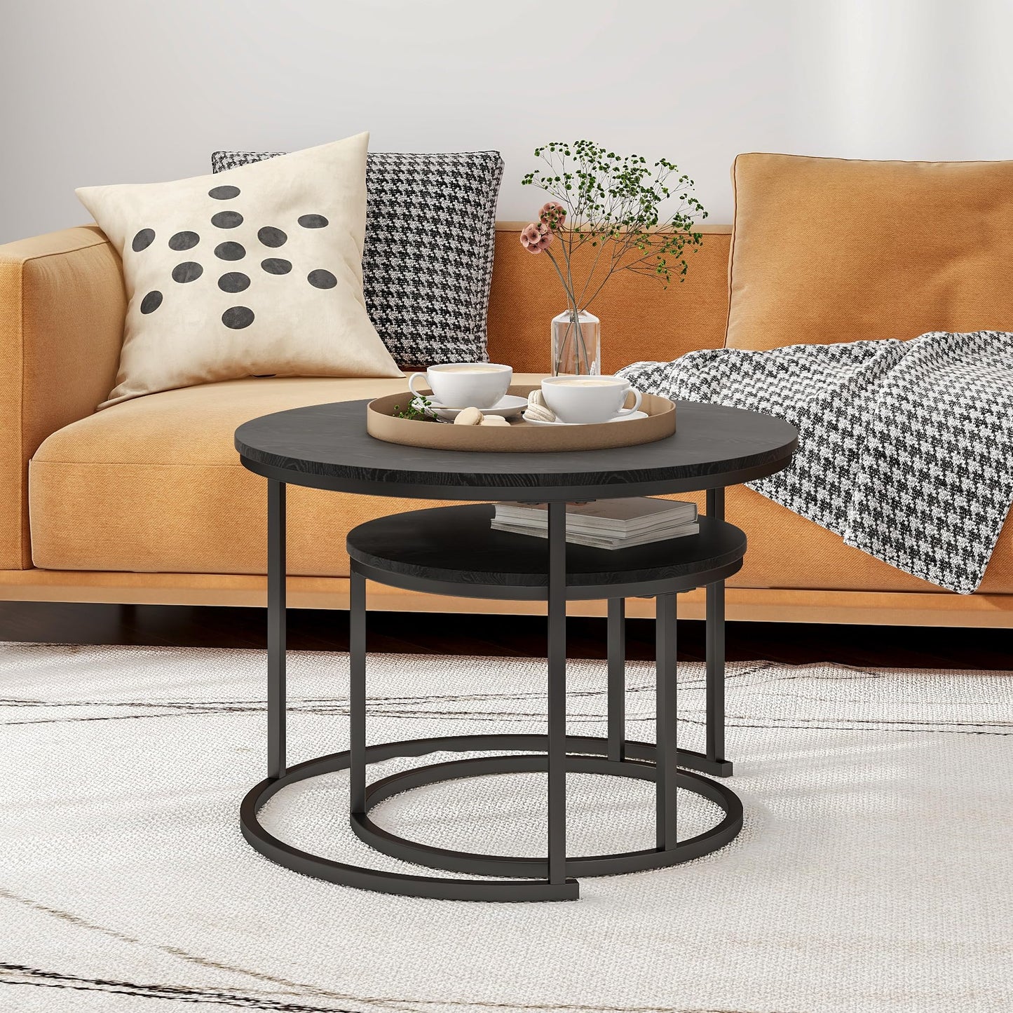 HOJINLINERO Round Coffee Table,Nesting Coffee Table Set of 2,Center Tables for Living Room,Office, Home Small Space,Stacking Side Tables,Sturdy and Easy Assembly,Wood Desktop,Black,Large