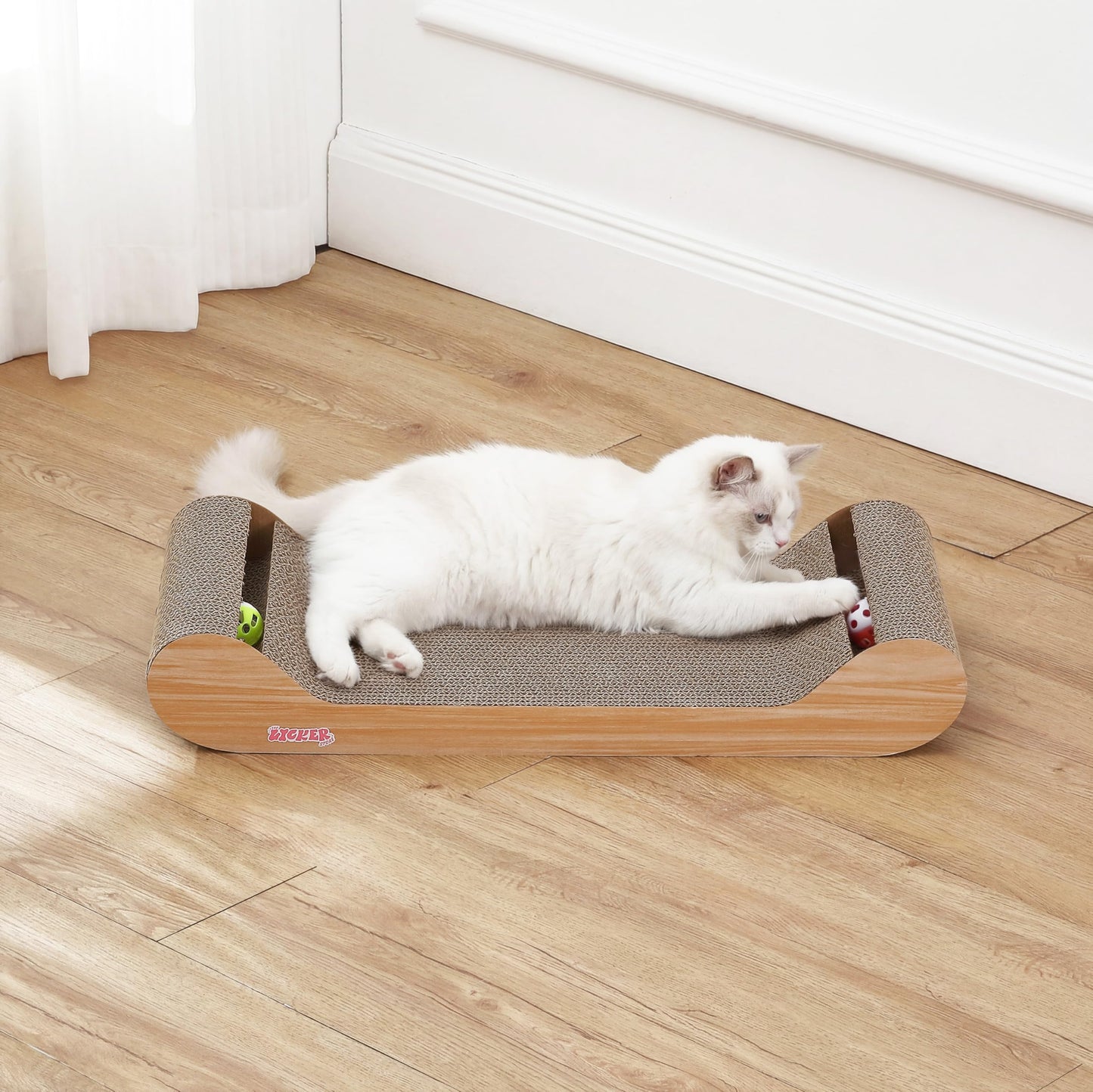 THE LICKER Store Rini 23.75" Modern Cardboard Cat Scratcher Lounge Bed with Built-in Bell Toys and Catnip, Ergonomic Curved Sofa Design, Oak Wood Finish CSR1003C