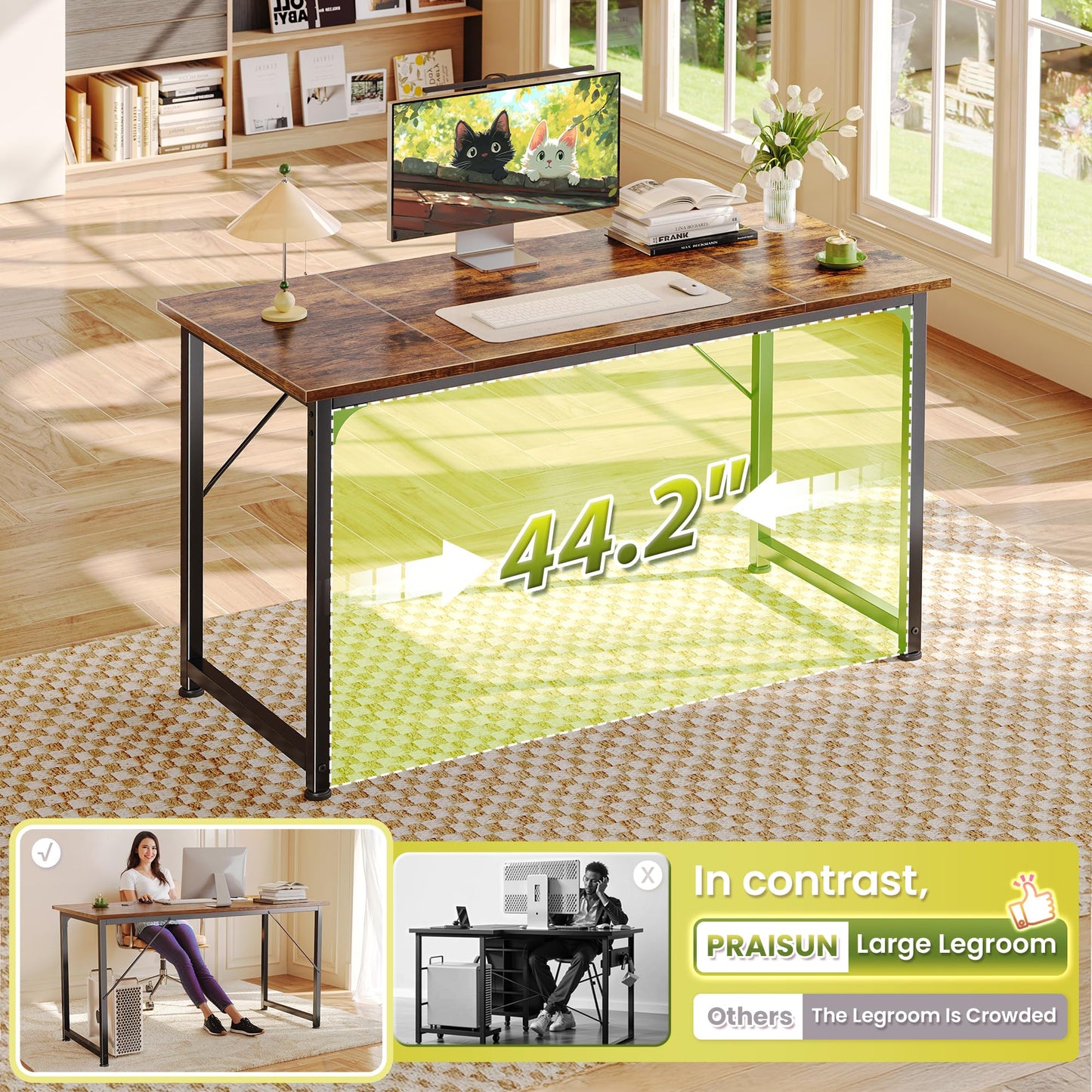 PRAISUN 47 Inch Computer Desk, Home Office Desk with Spacious Desktop, Modern Gaming Desk, Writing Study Table for Bedroom, Small Spaces, Work from Home Desk with Metal Frame, Rusitc Brown
