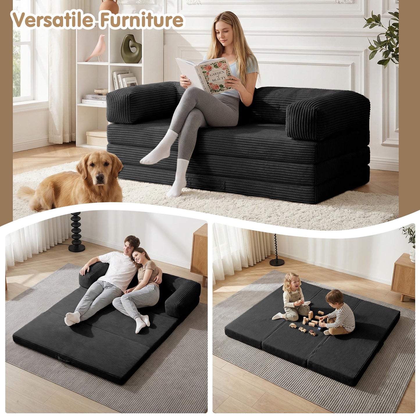 5-in-1 Convertible Sofa Bed,60" Boneless Couch Tri Folding Floor Mattress with Removable L-Shaped Armrests & Handle,Corduroy Futon Couch Sleeper with Pull Out Bed for Living Room Bedroom Apartment