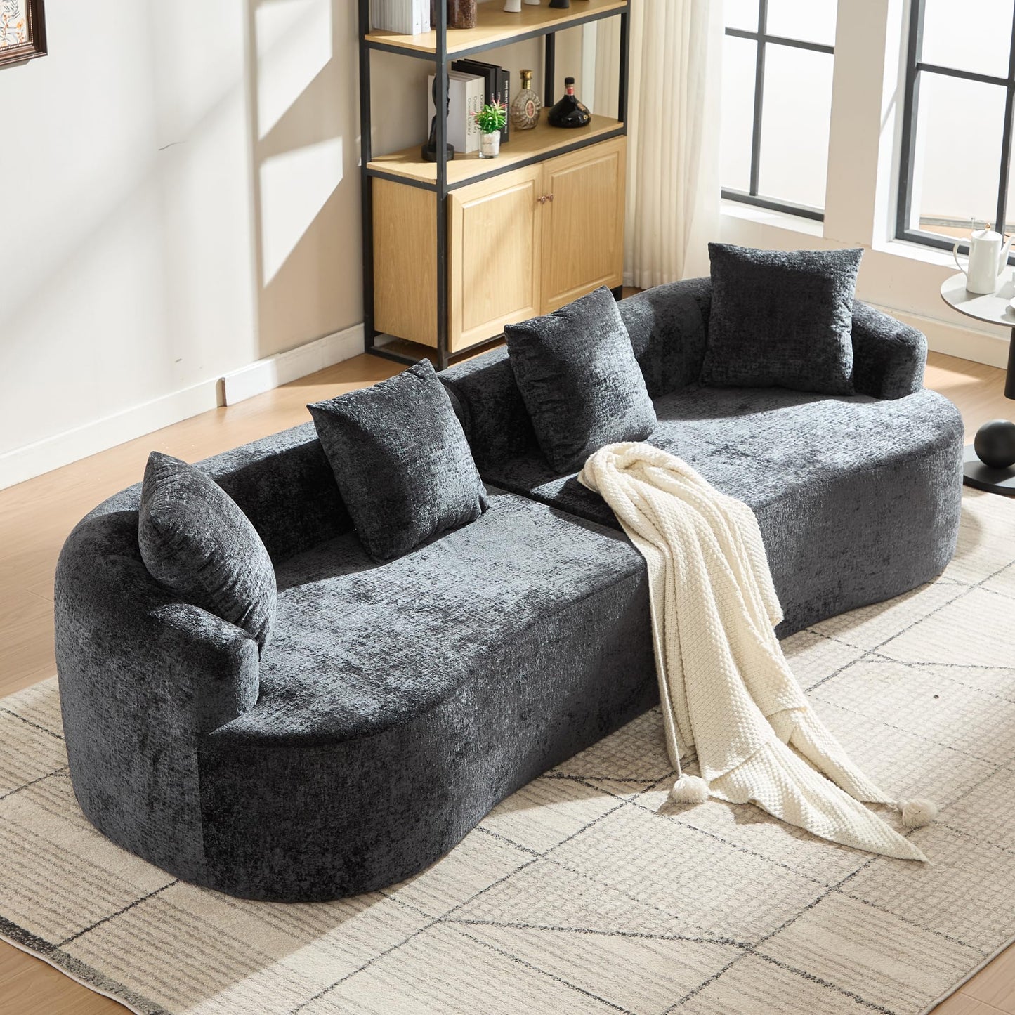Sectional Sofa, Curved Cloud Sofa Couch, Chenille Full Sponge Chaise for Living Room, Apartment (Black, 110 Inch)