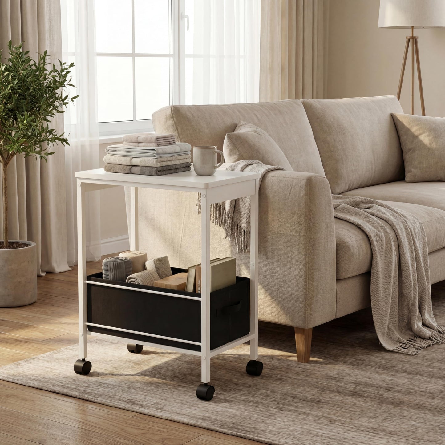 BAKLAM White Rolling Side Table with Storage Basket, Narrow End Table on Wheels for Small Spaces, 15.75" D x 9.84" W x 22.05" H Sofa Side Table with Fabric Bin for Living Room and Bedroom
