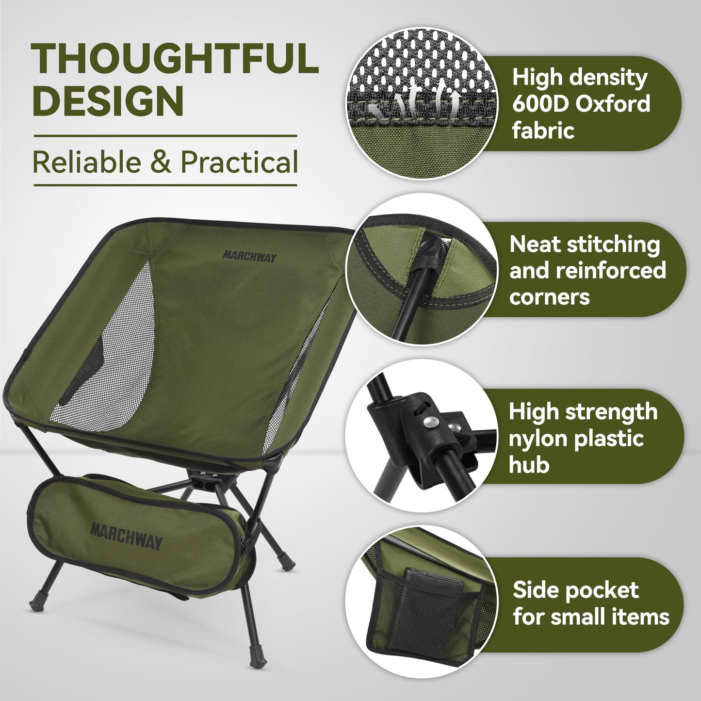 MARCHWAY Lightweight Folding Camping Chair, Portable Foldable Compact for Outdoor Camp, Travel, Beach, Picnic, Festival, Hiking, Backpacking, Supports 330Lbs (Green)