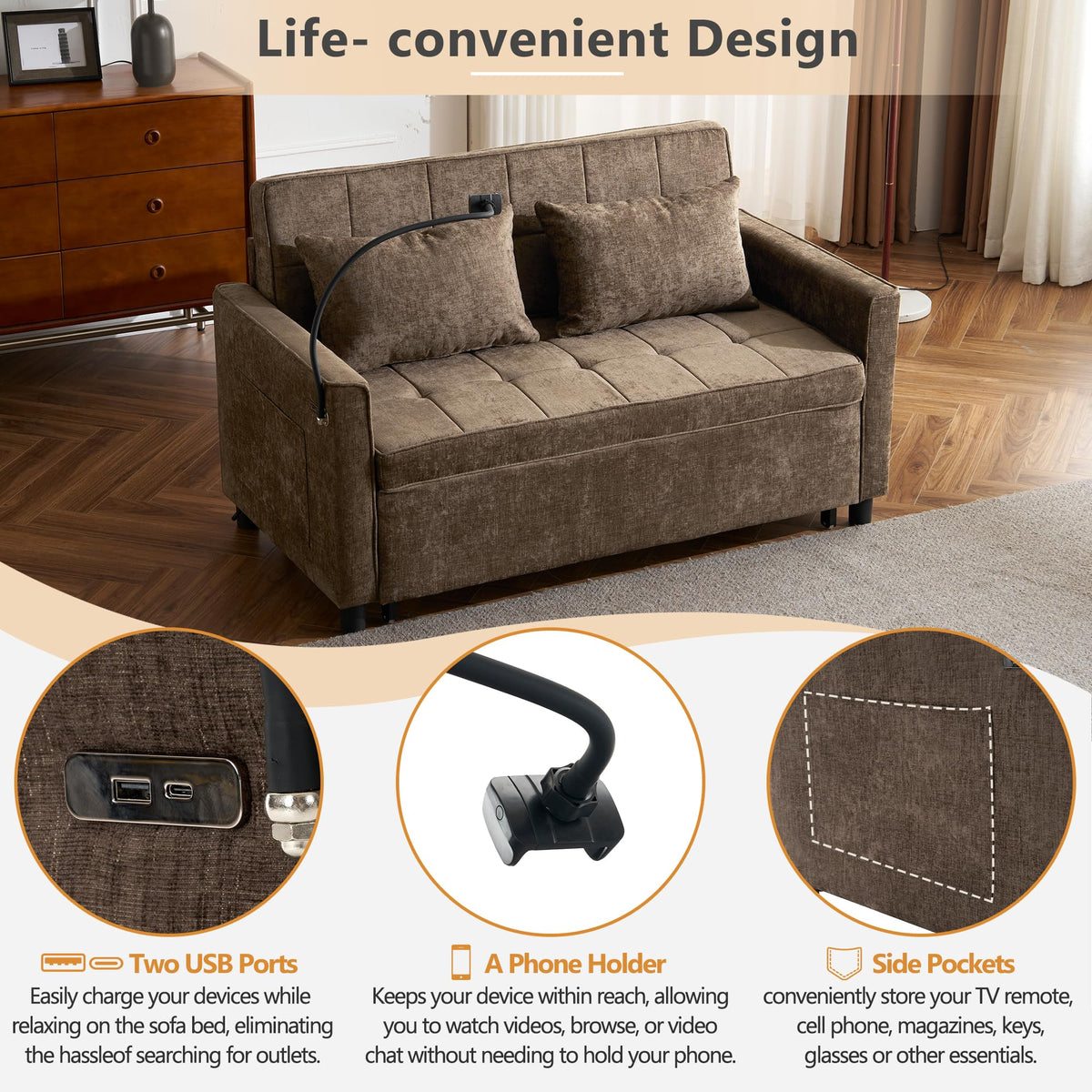 Merax 3 in 1 Convertible Sleeper Sofa Bed, Futon Couches for Living Room with USB Ports | Phone Holder| Reversible Backrest | Pull Out Couch |Small Loveseat, Brown
