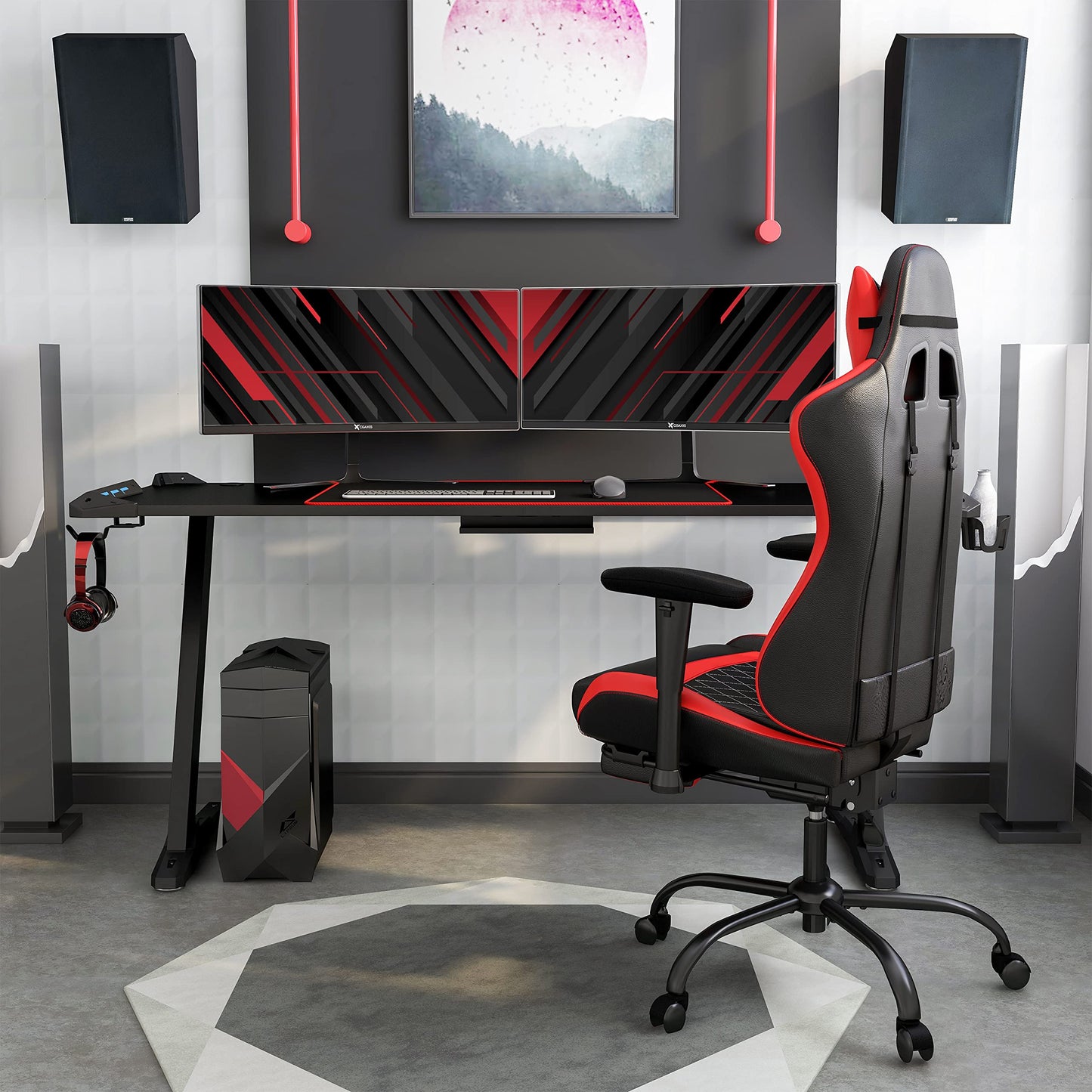 Homes: Inside + Out Kindira Modern Steel Gaming Desk with USB Ports, PC Mouse Pad and Rotatable Cup-Holder for Home Office, Classroom, Study Room, Black, Rectangular