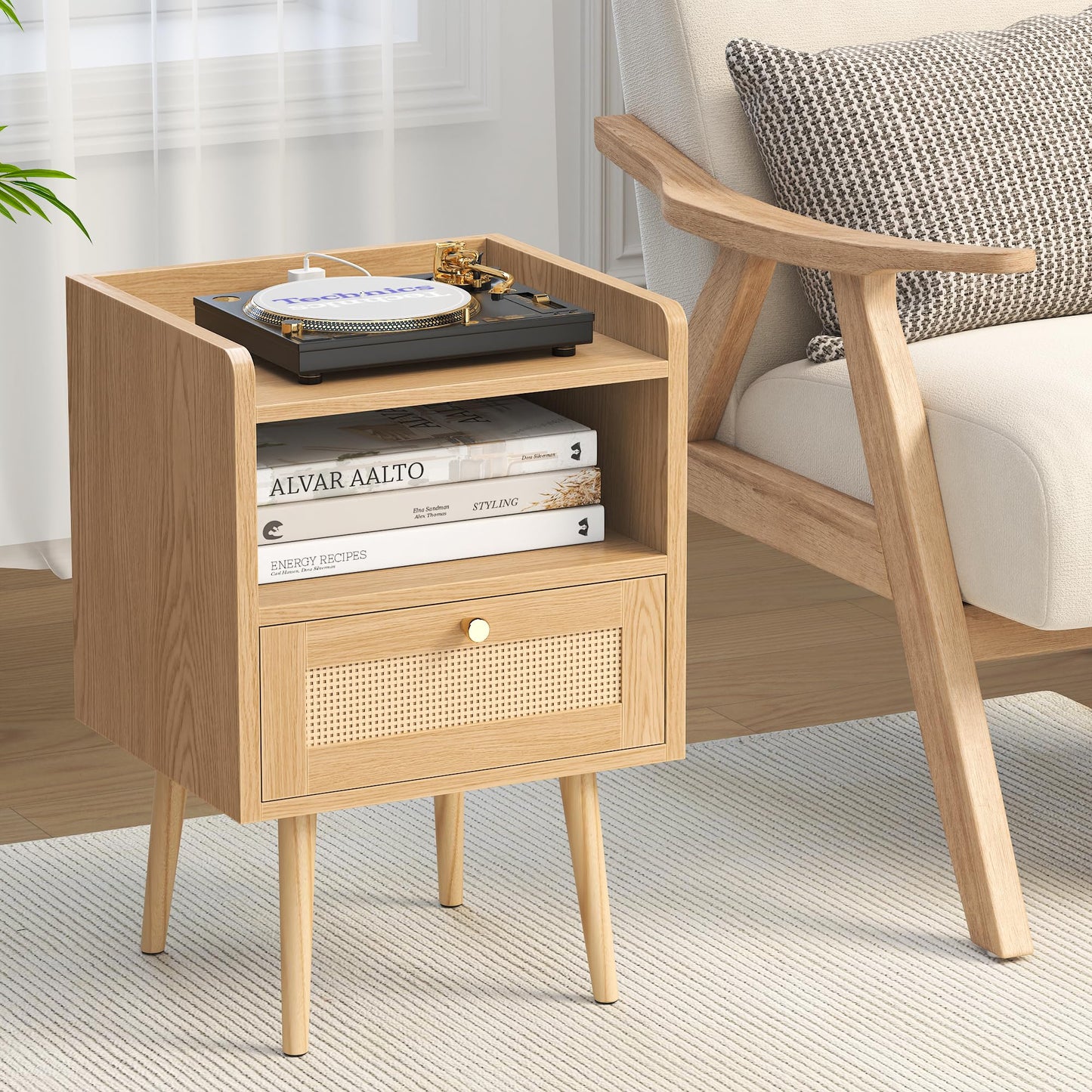 MECHYIN Night Stand Set 2, Nightstands Set of 2 with Charging Station, Rattan Side Tables with Solid Wood Legs, Boho Bedside End Table for Apartment Bedroom Dorm Small Space