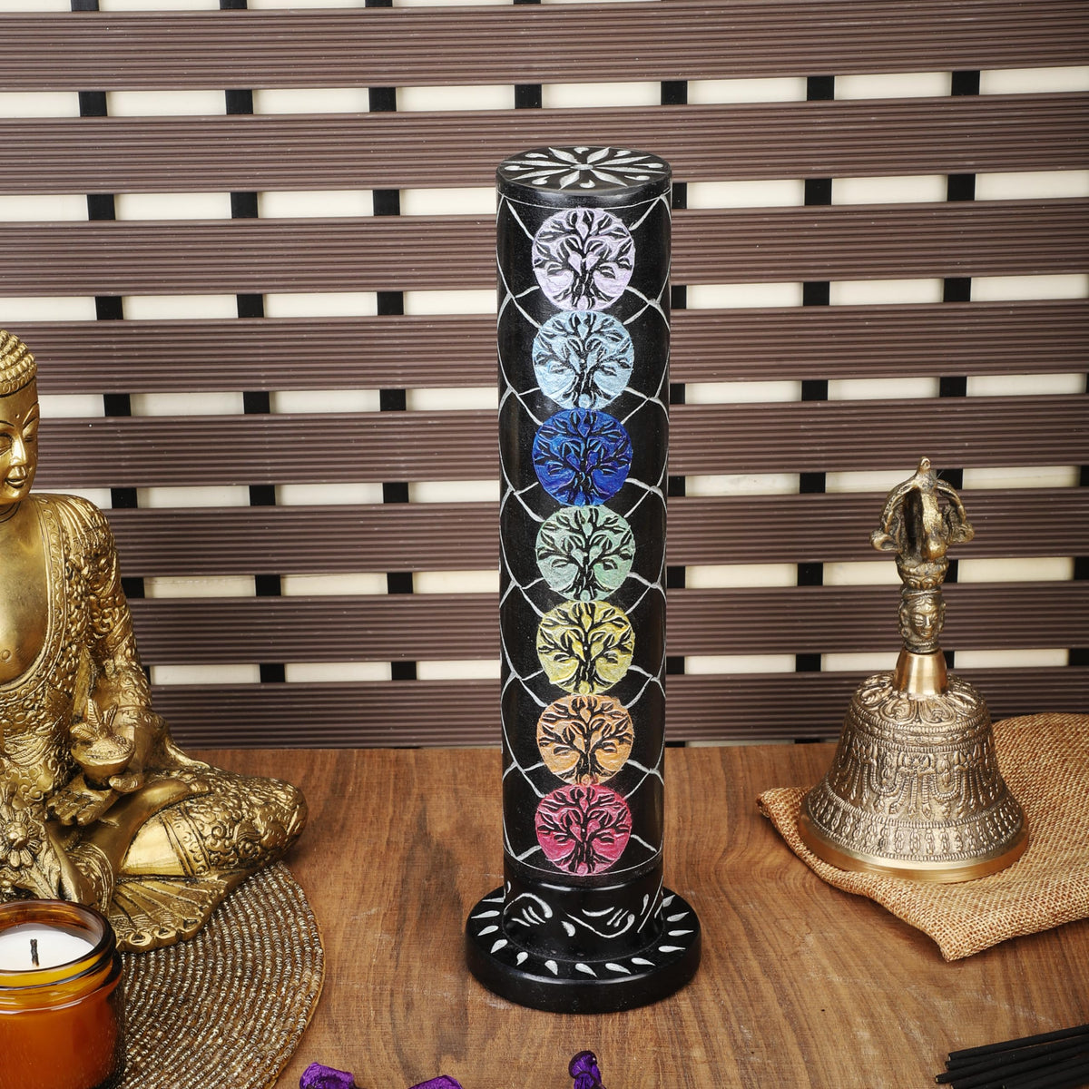 Ajuny Marble Incense Stick Tower Burner Tree of Life Carving Round Tealight Candle Stand Black Incense Stick Holder with Ash Catcher for Yoga Meditation Fragrance Home and Office Décor (10.5 Inch)