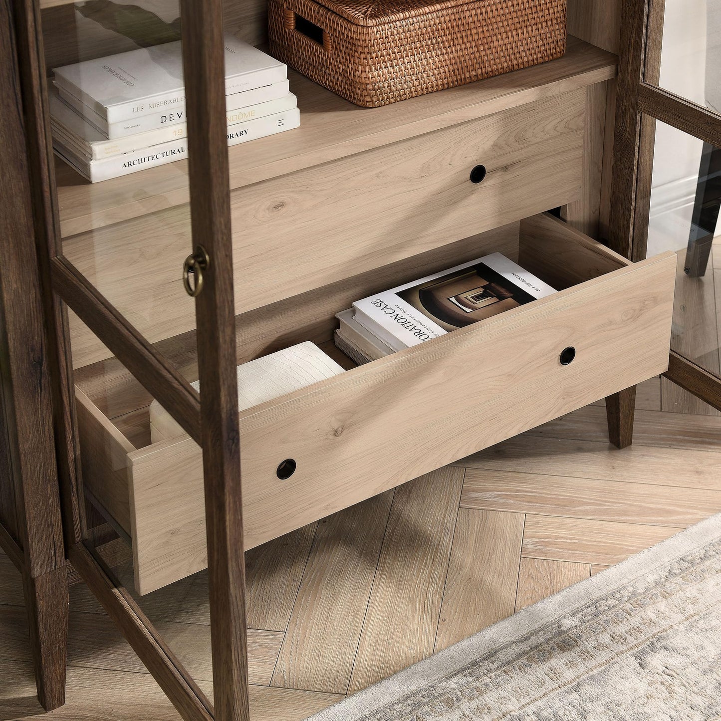 Modway Nolan Tall Arched Storage Display Cabinet in Walnut Light Oak - 74 Inch Arch Bookshelf with Glass Doors, Shelves and Drawers - Modern Accent Cabinet for Living Room, Dining Room