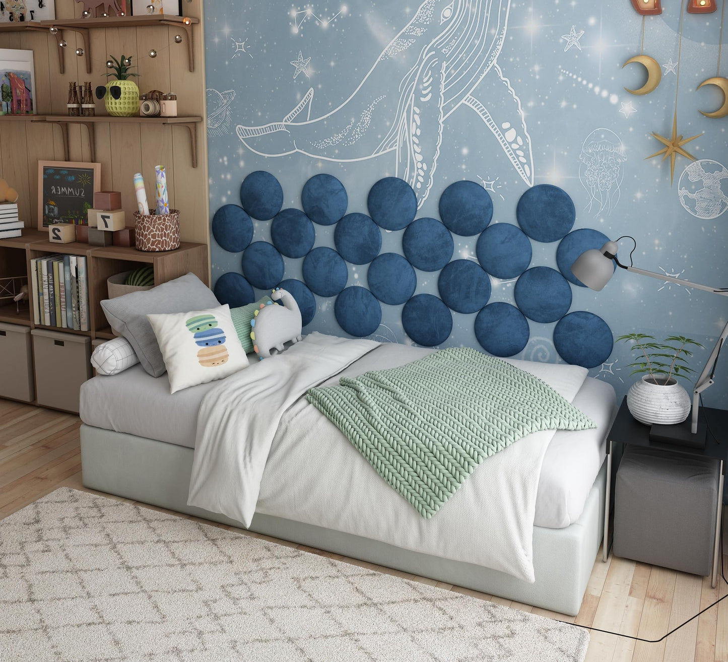 ua acoustics 4-Pack Soft Velour Upholstered Acoustic Wall Panels | Decorative Headboard Panels for Children's Room & Playroom | Cozy Wall Padding & Safety Railing | (Blue, 4X Round (25x25cm))