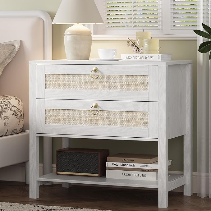 Xixini Nightstand wih 2 Drawers & Open Shelf, Small Mid Century Modern Night