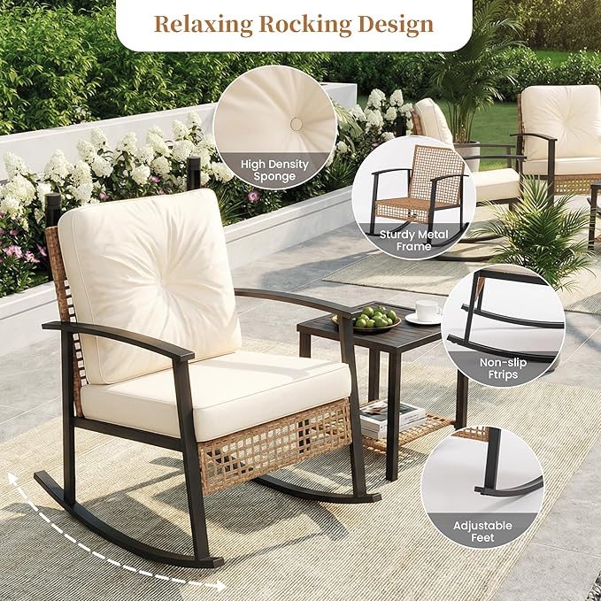 COSIEST 3-Piece Outdoor Rocking Chairs Bistro Set, Rattan Patio Furniture