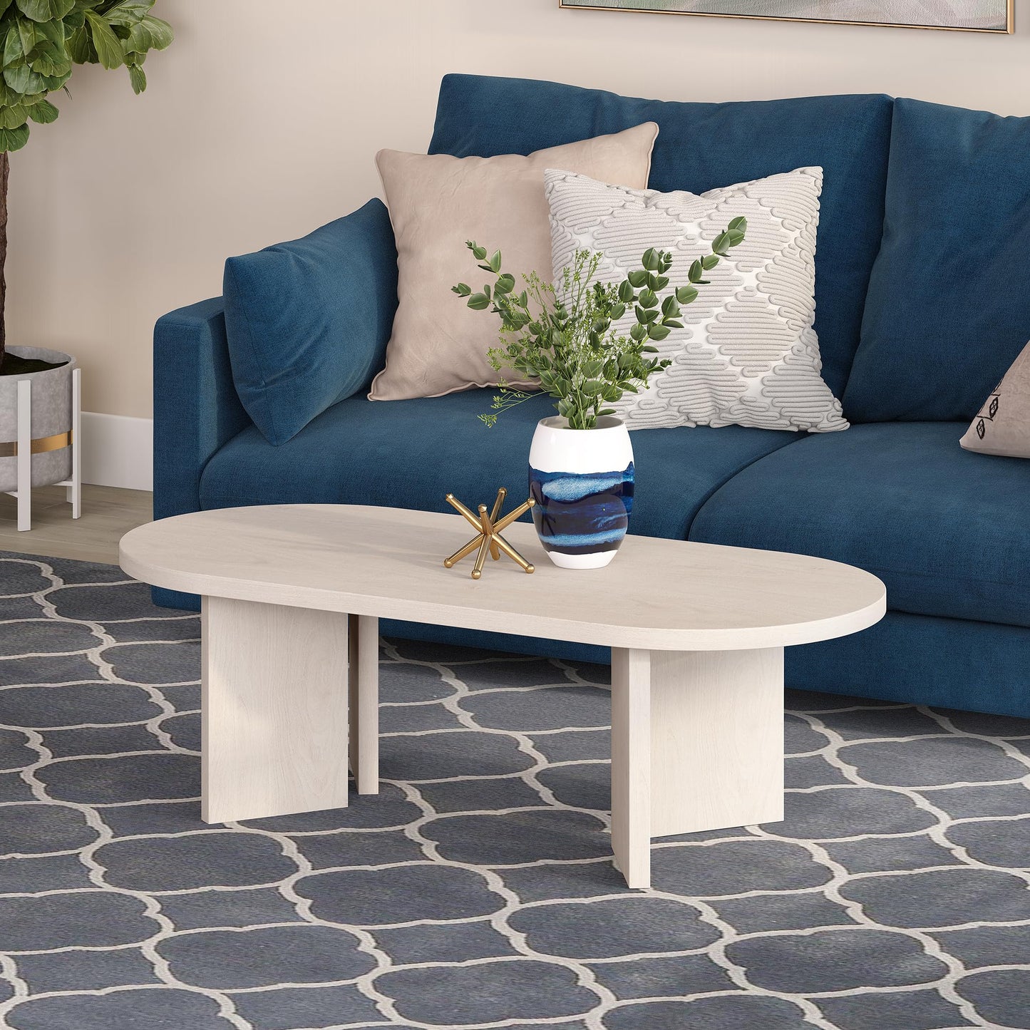 Henn&Hart 48" Oval Wood Low-Profile Coffee Table for Living Room, Family Room or Office, Beech White