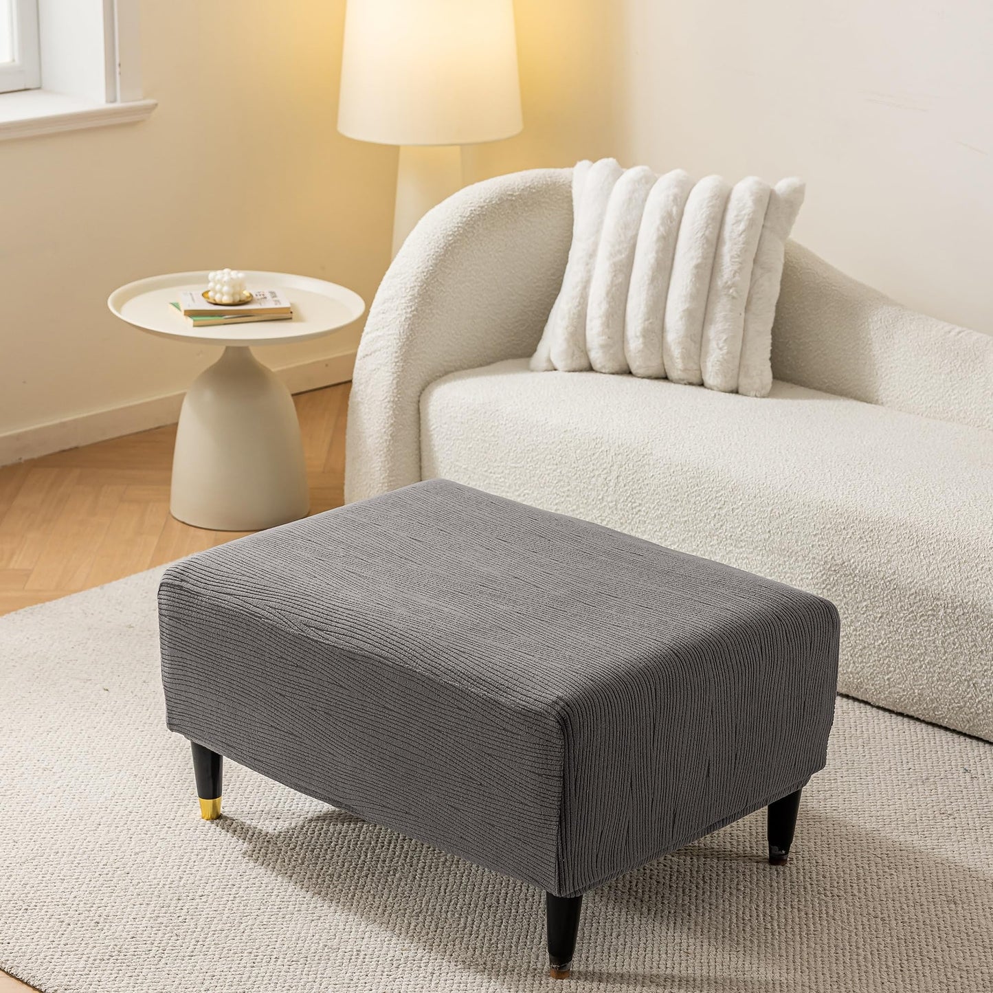 KaviKon Ottoman Cover Slipcover Rectangle Fit Length 25"-30" Stretch Foot Stool Slip Cover, Footrest Slipcovers Protector with Elastic Band, Ottoman Cover Removable Washable(Small,Slanted Rib Grey)