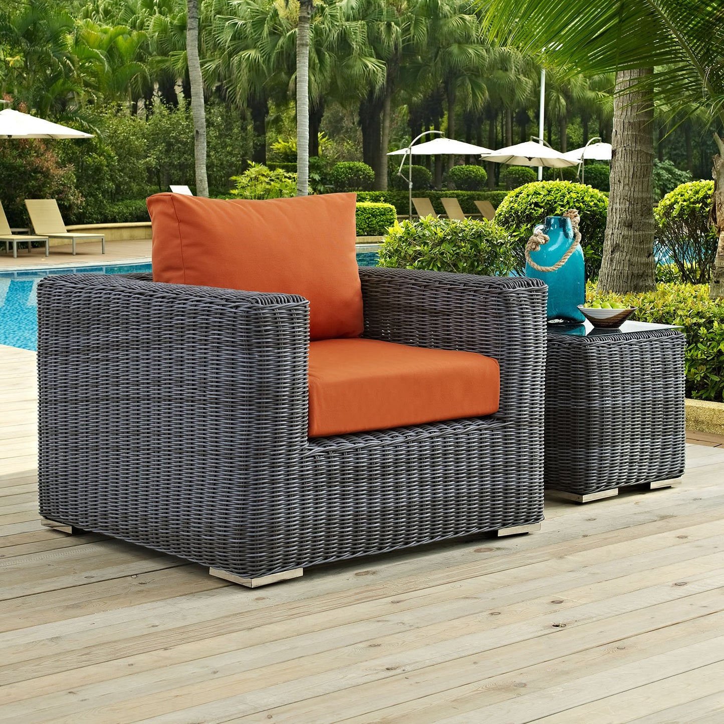 Modway Summon Wicker Rattan Outdoor Patio Sunbrella Armchair in Canvas Tuscan