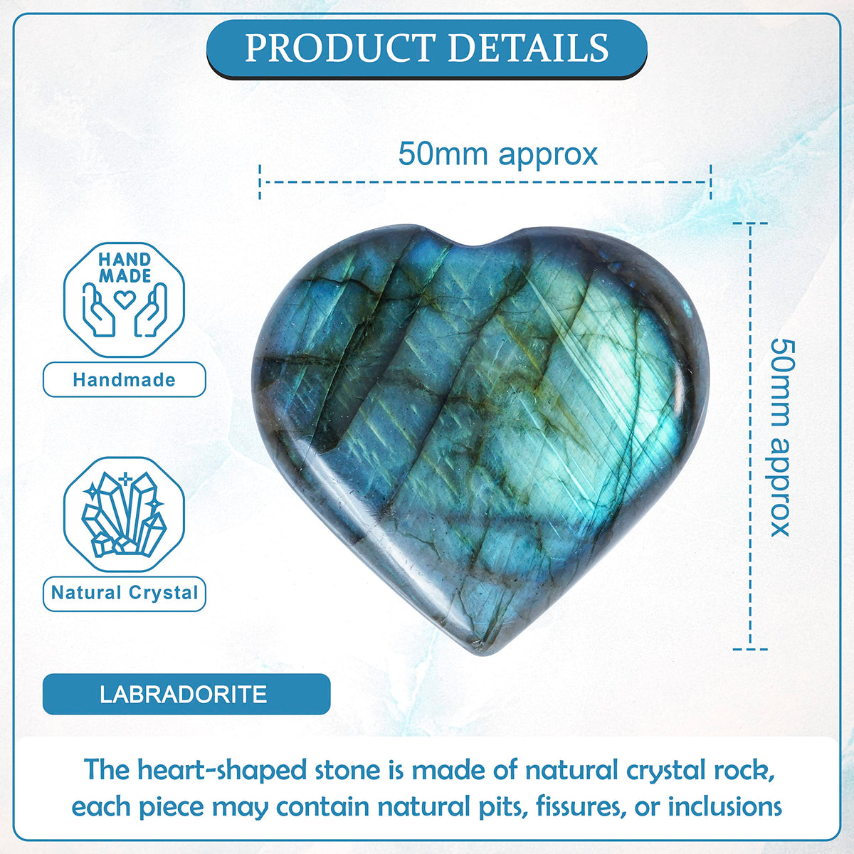 Crocon 50mm Labradorite Heart Stone Big Heart Shape Puff Stones Set 450+ Carats Pocket Crystal Healing Tumble Collection Palm Worry Stone Good Luck Charm Meditation Gift Craft Home Decor