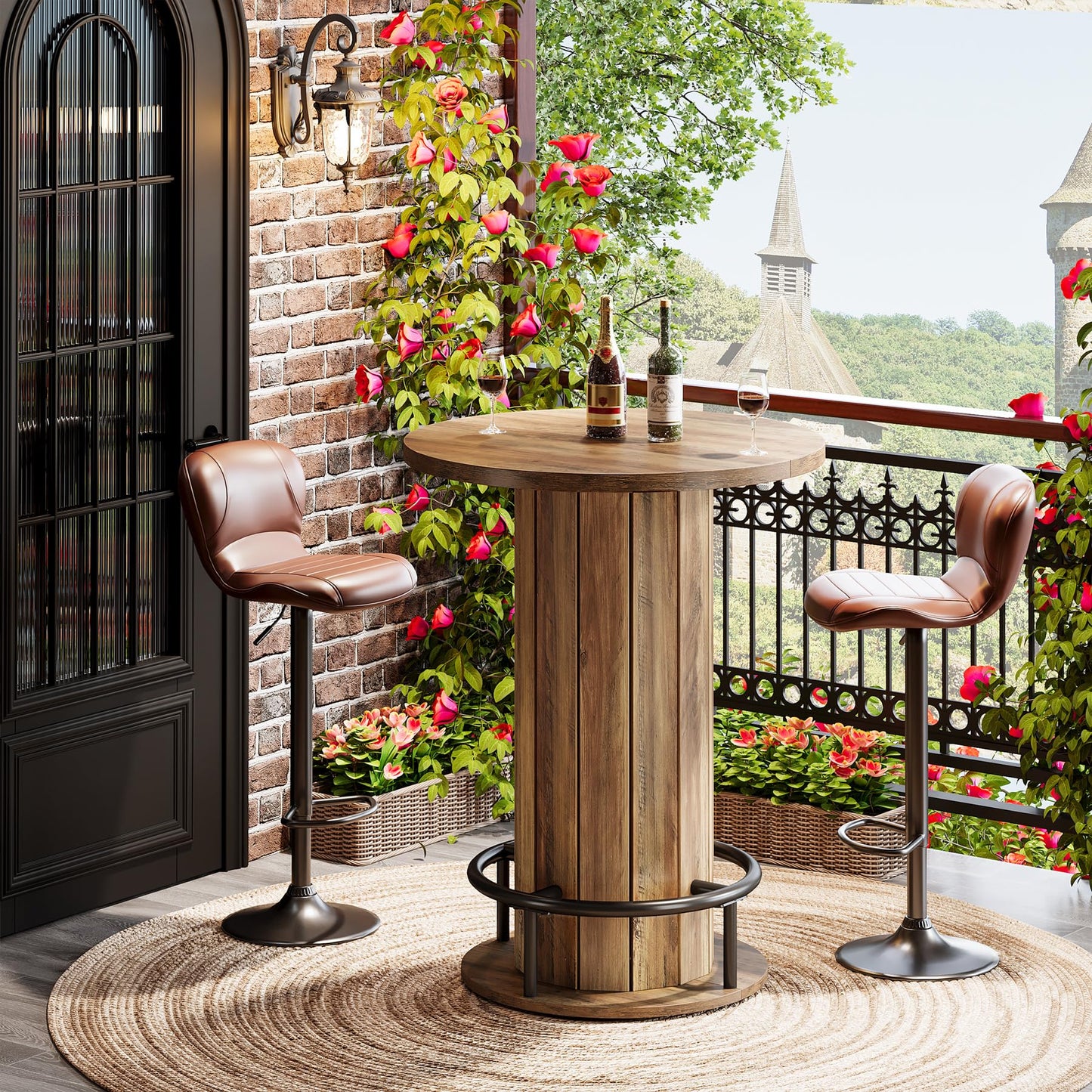 Tribesigns Round Bar Table, 39.4" H Wood Bistro Pub Table with Metal Ring Footrest for Dining Coffee Cocktail Living Room, Small Space, Brown(Only Table)